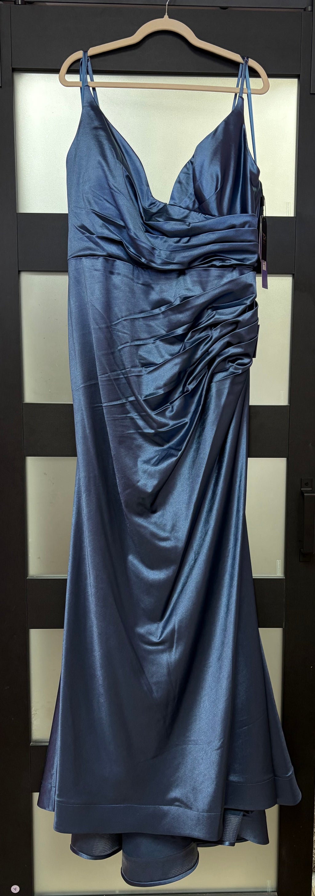 LaDivine CH062 Steel Blue Satin Ruched Formal Dress with Side Draping