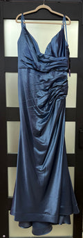 LaDivine CH062 Steel Blue Satin Ruched Formal Dress with Side Draping