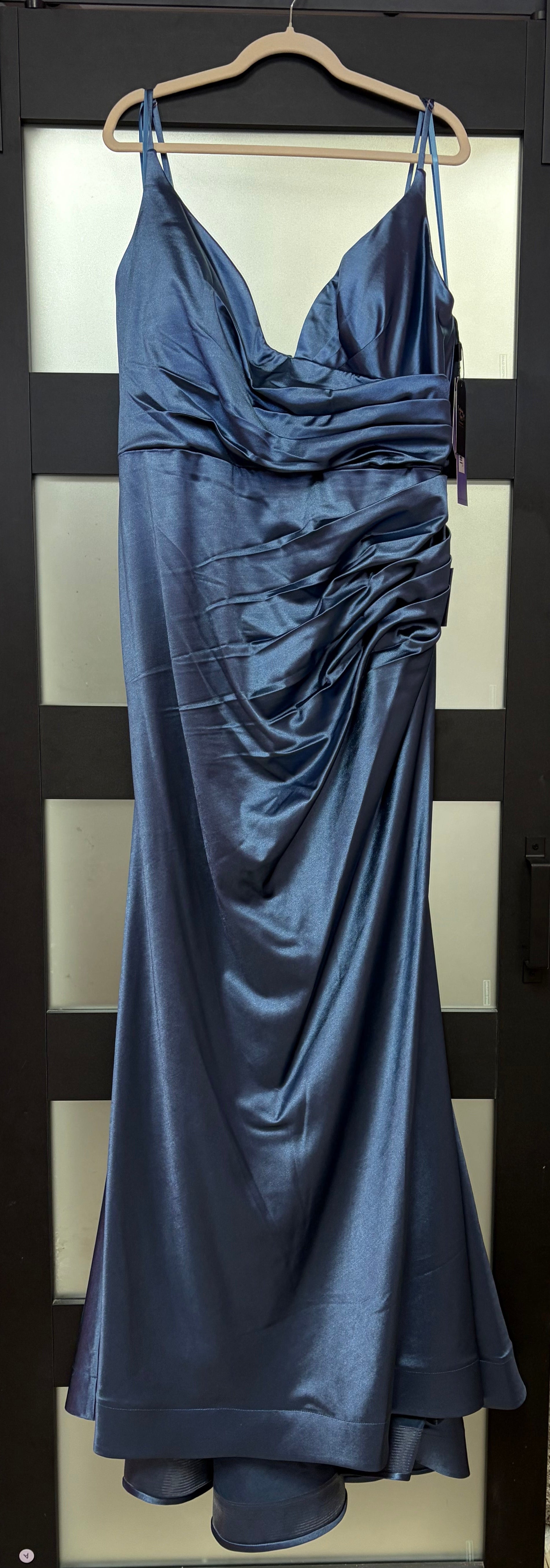 LaDivine CH062 Steel Blue Satin Ruched Formal Dress with Side Draping