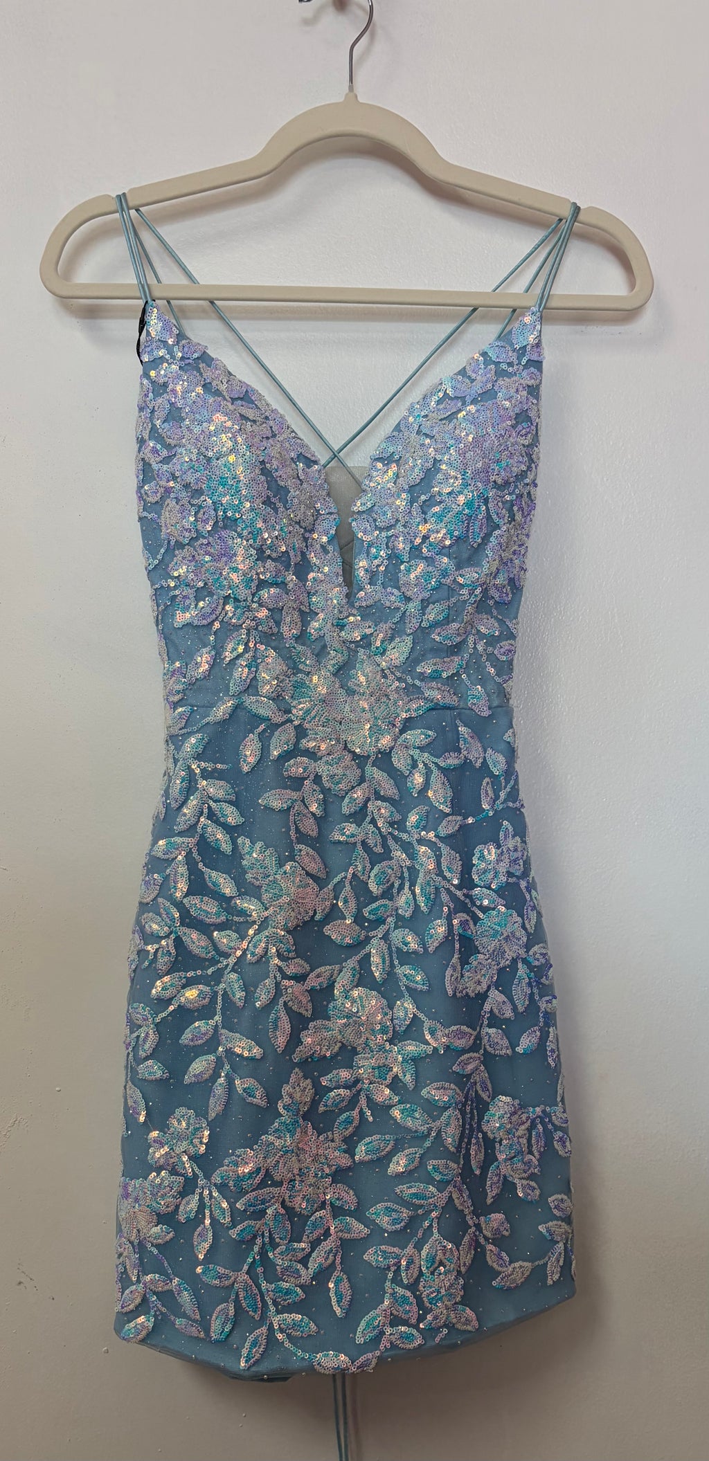 Amarra 87144 Light Blue Iridescent Sequin Homecoming Dress with Floral Embroidery and Lace-Up Back