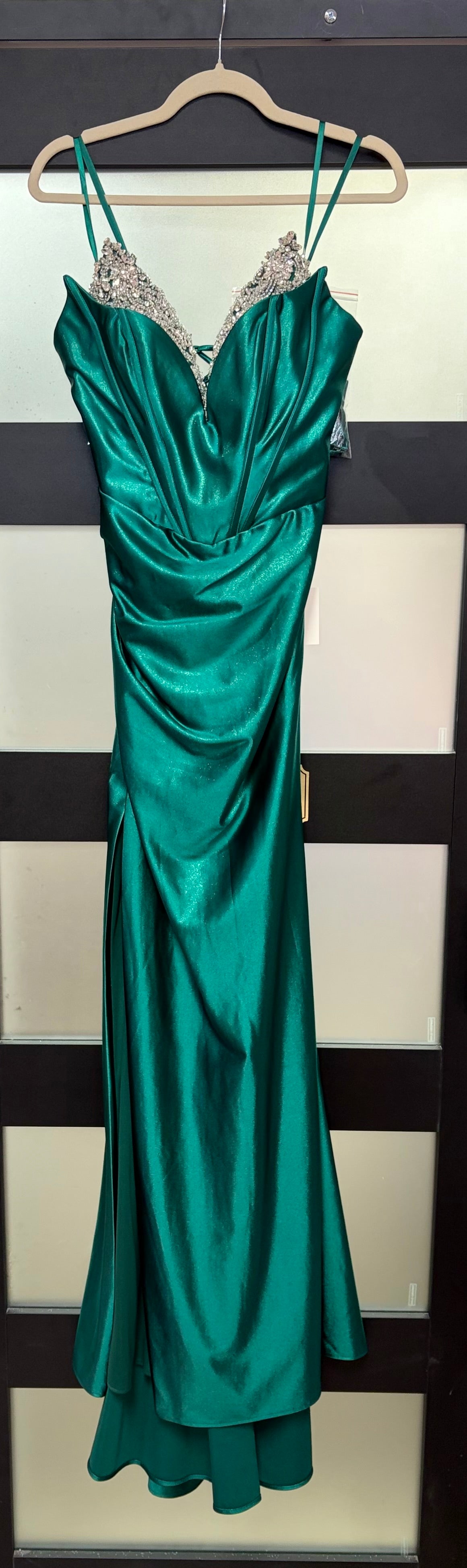 LaDivine CDS528 Emerald Satin Corset Prom Dress with Crystal Embellish – Everlasting Grace Formalwear LLC