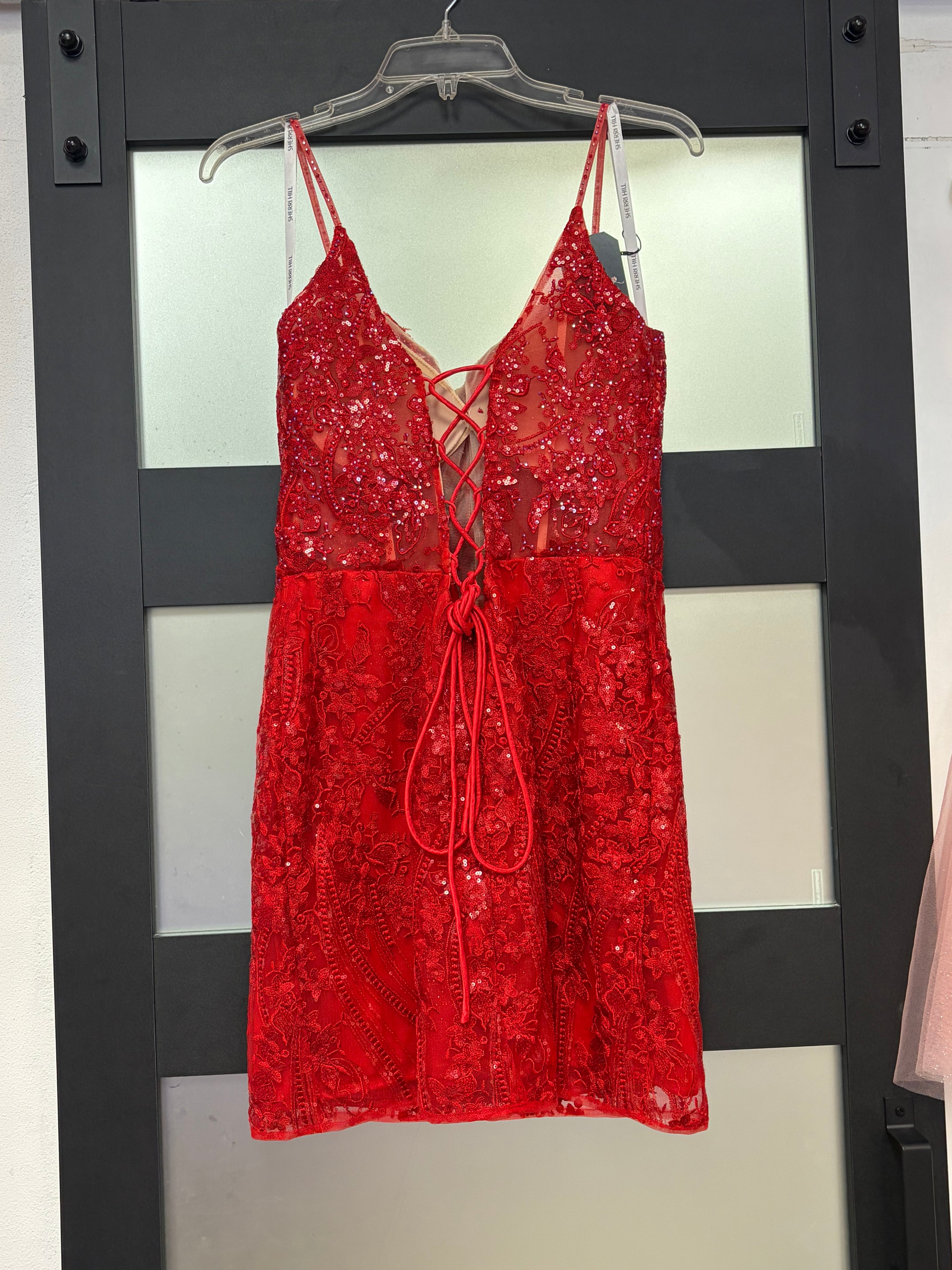 Sherri Hill 55098 Red Embellished Lace Homecoming Dress with Open Lace-Up Back