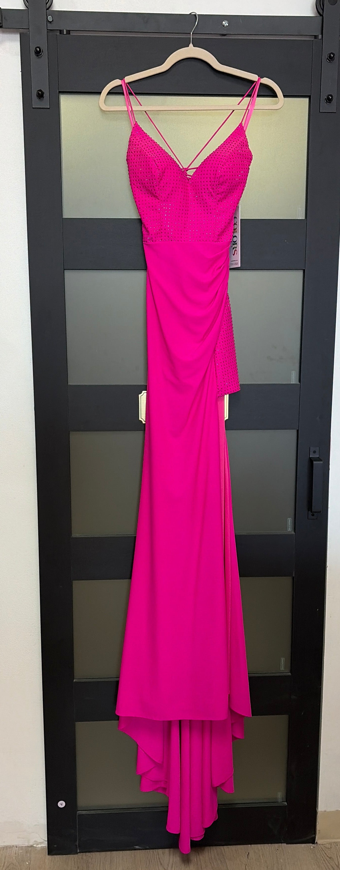 Colors style 2955 hot pink leg slit sparkle gown