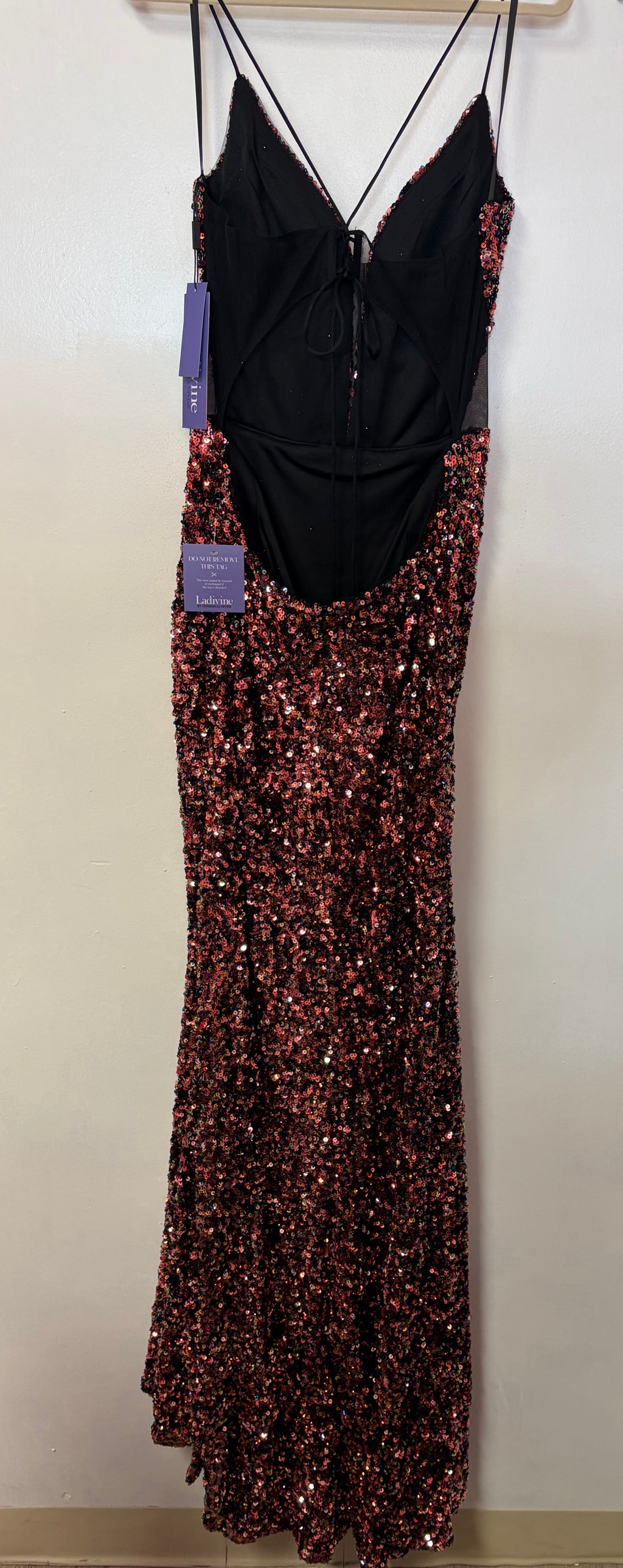 LaDivine CH127 Multi-Sequin Mermaid Formal Gown with Plunging Neckline and Leg Slit
