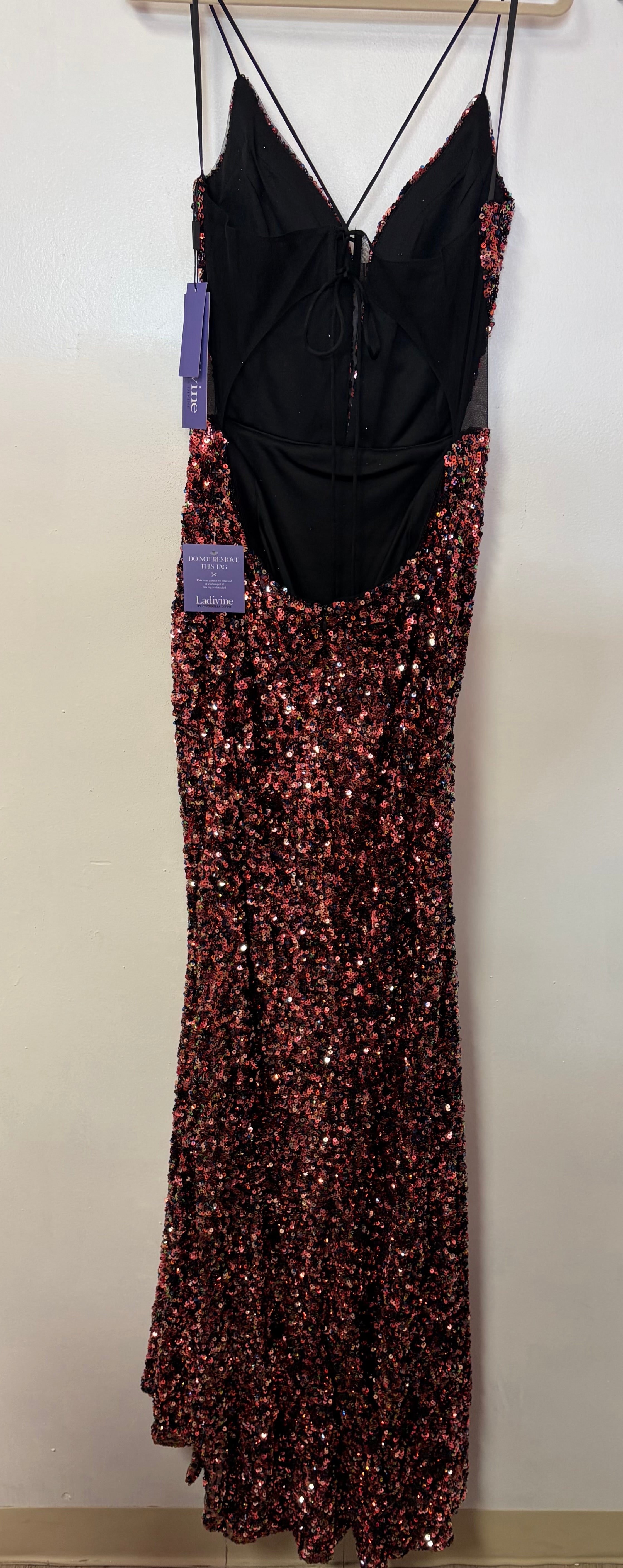 LaDivine CH127 Multi-Sequin Mermaid Formal Gown with Plunging Neckline and Leg Slit