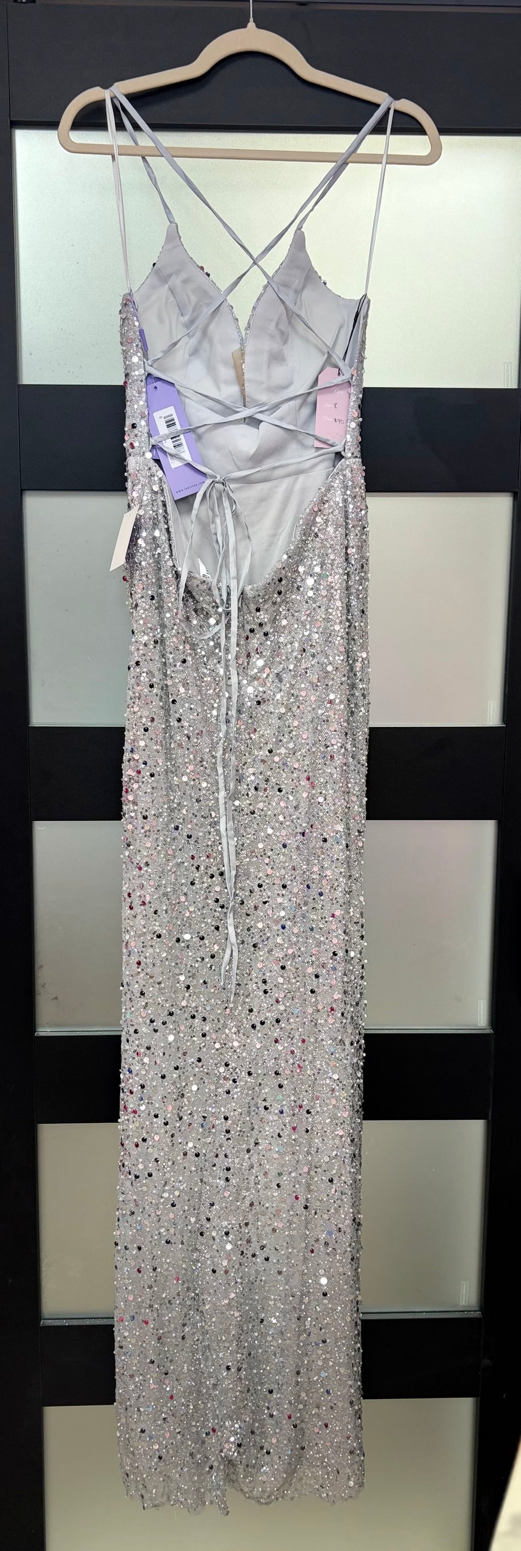LaDivine CD258 Silver Sequin Lace-Up Evening Gown with Side Drape