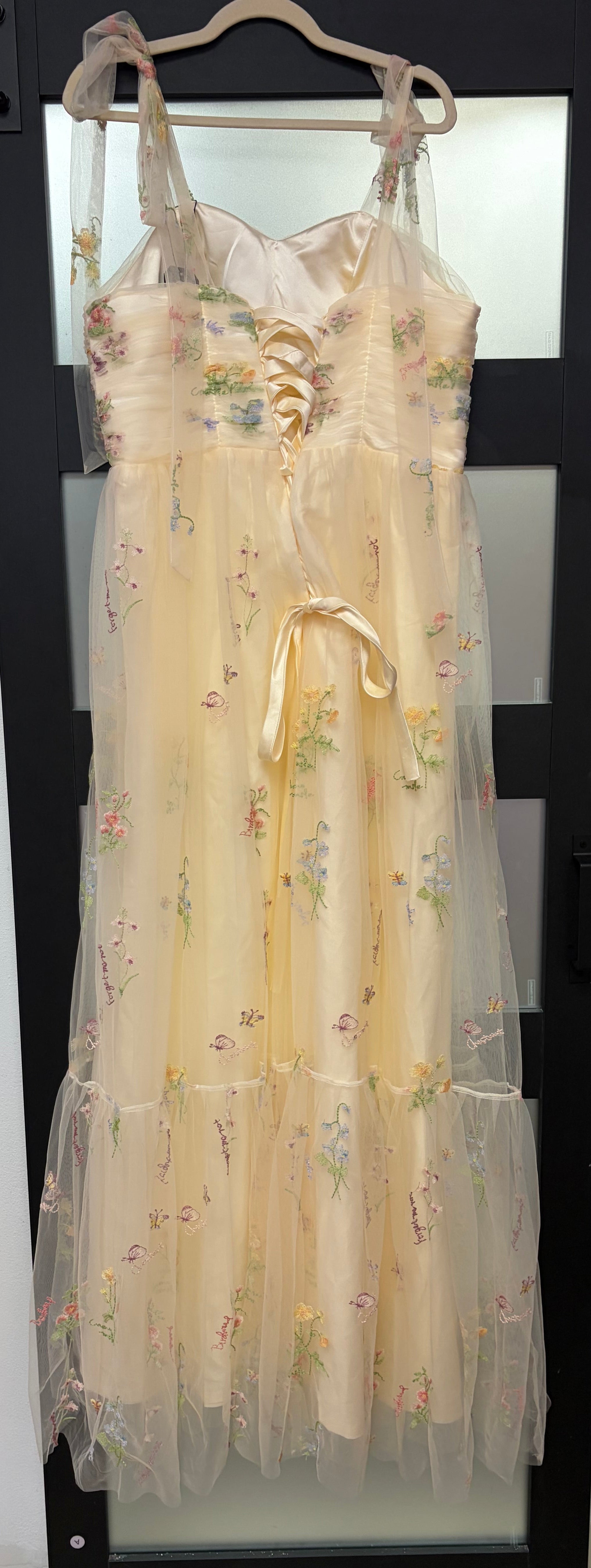 Butter Yellow Floral Embroidered Tulle Maxi Dress with Corset Bodice