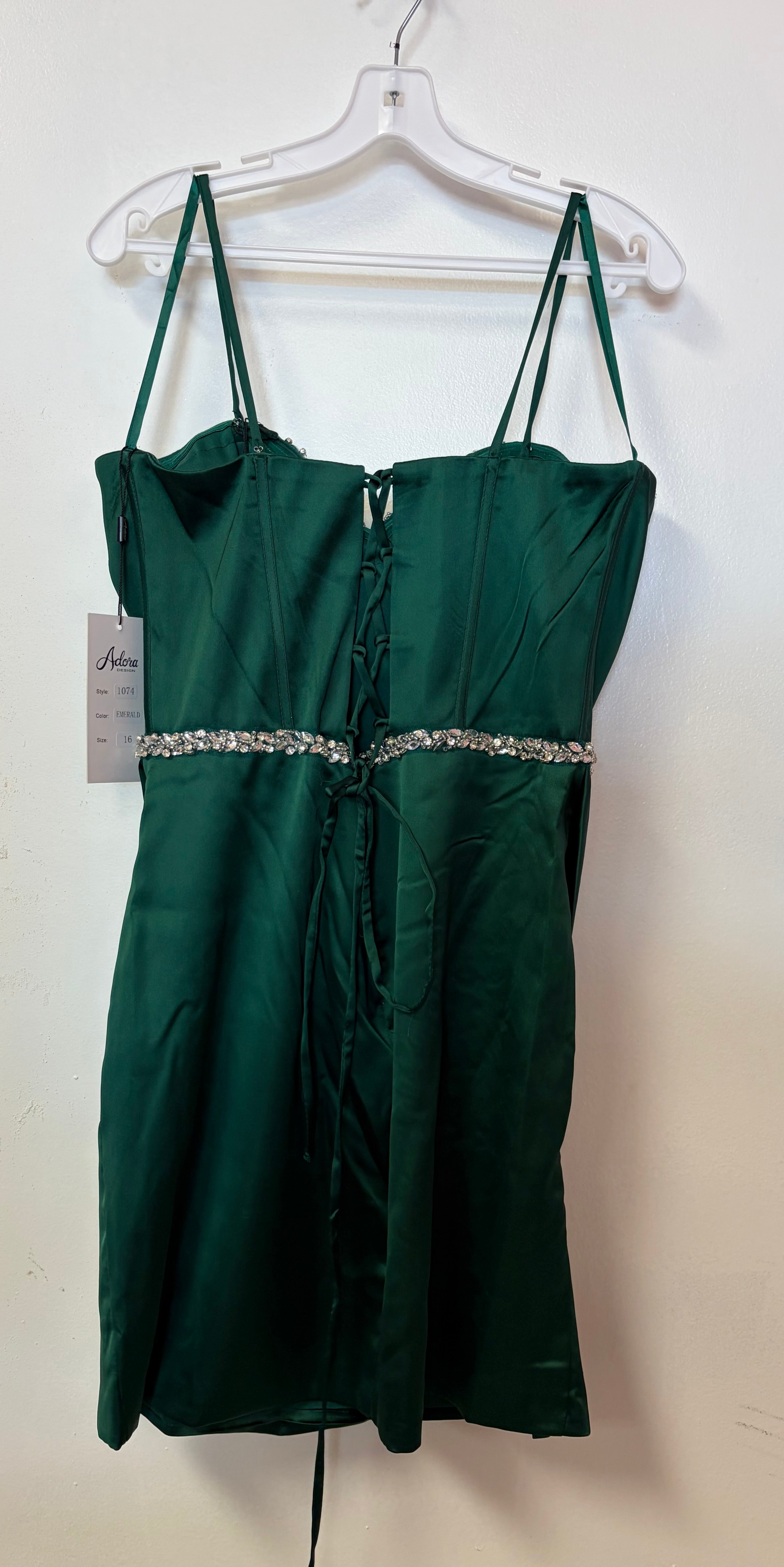 Adora 1074 Emerald Satin Corset Homecoming Dress with Crystal Trim and Draped Skirt