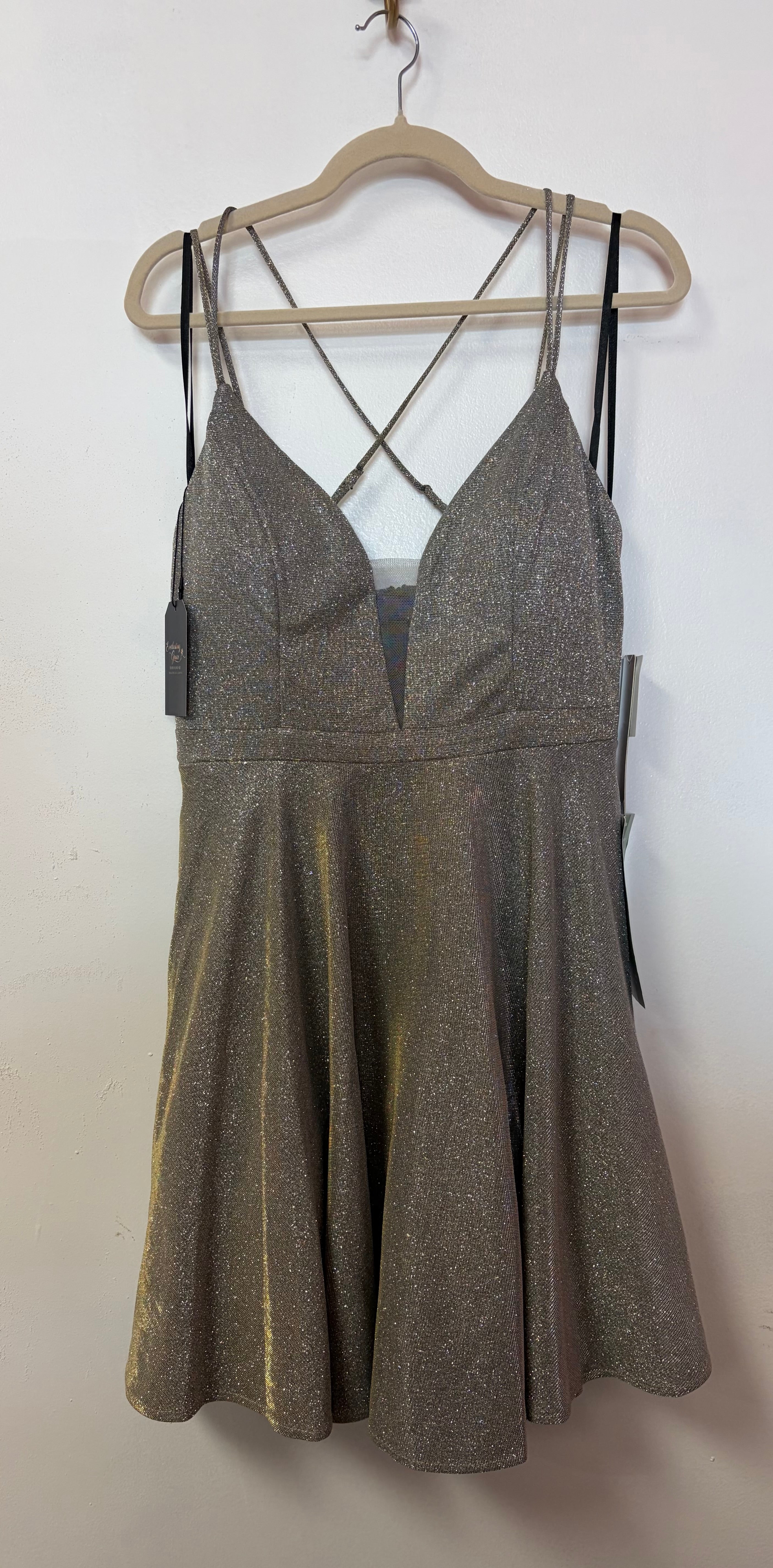 My Michelle Silver Glitter Fit & Flare Homecoming Dress with Strappy Open Back