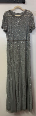 Adrianna Papell Silver Beaded Mesh Short Sleeve Evening Gown