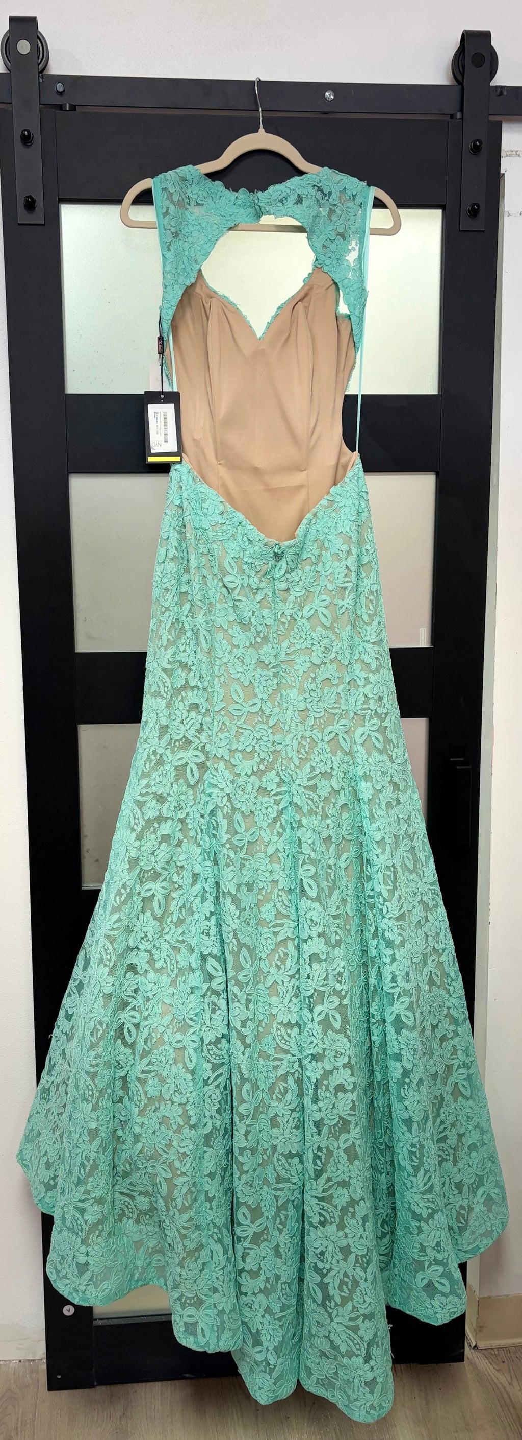 La Femme 20117 Mint Lace Mermaid Gown with Open Keyhole Back