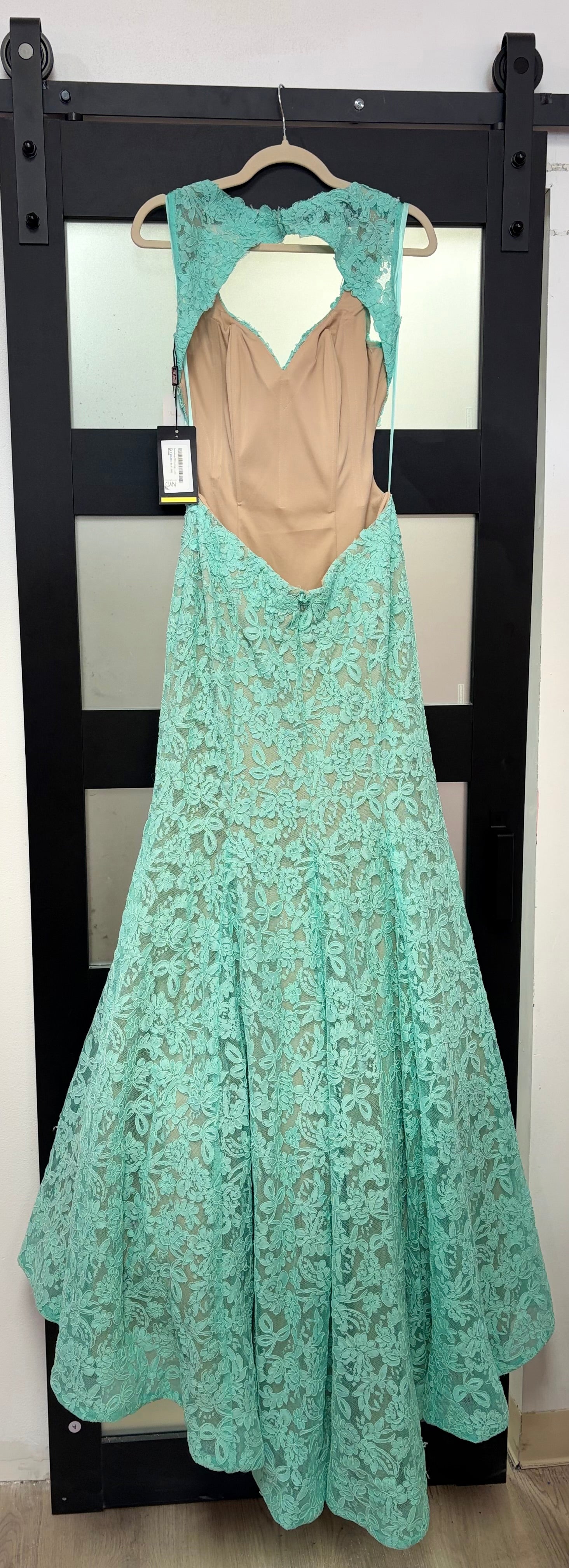 La Femme 20117 Mint Lace Mermaid Gown with Open Keyhole Back