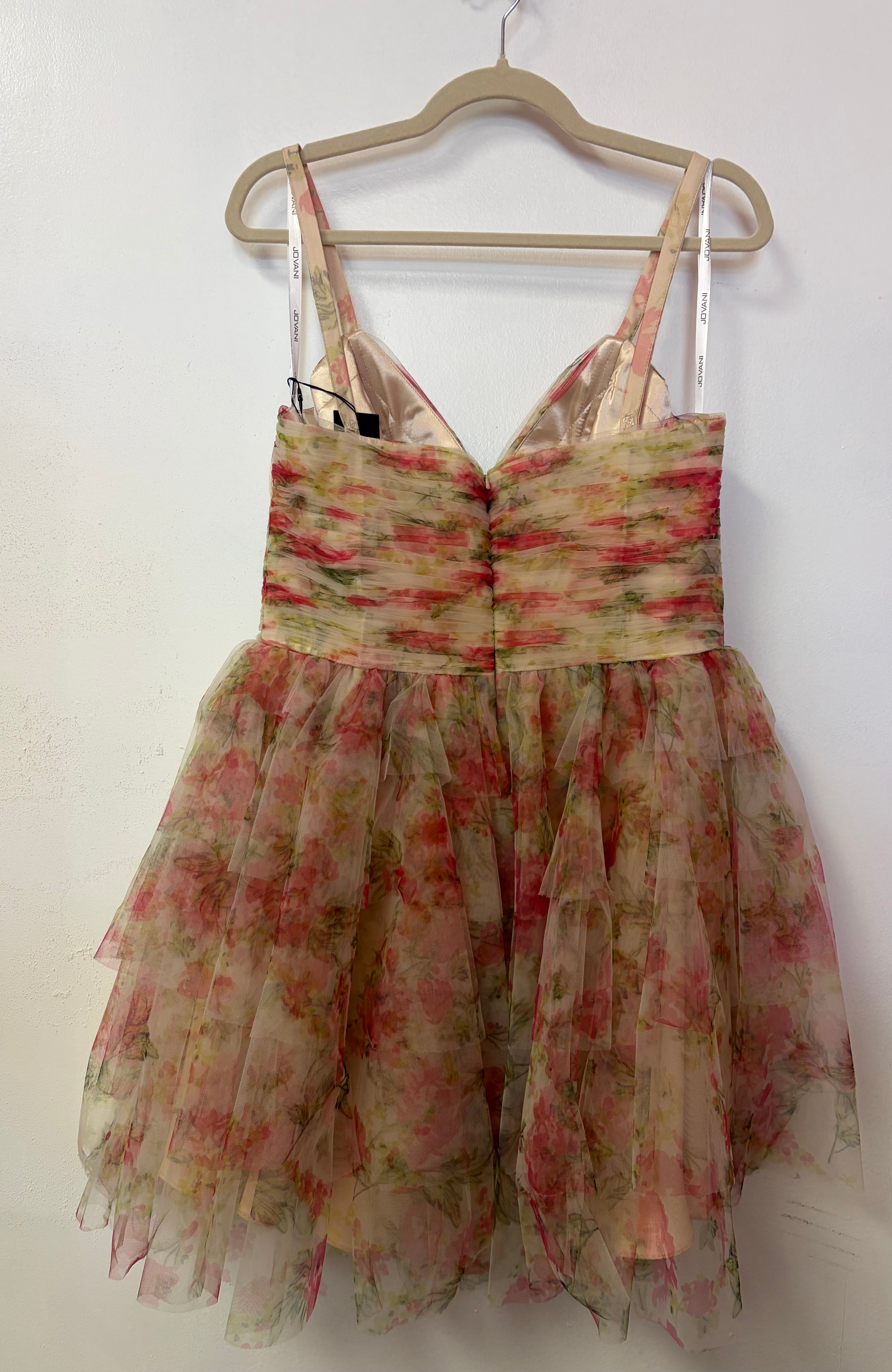 Jovani 40505 Pink Watercolor Floral Homecoming Dress with Removable Ruffle Sleeves and Layered Skirt