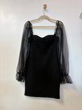 Black Mini Dress with Sheer Puff Sleeves and Structured Bustier Bodice
