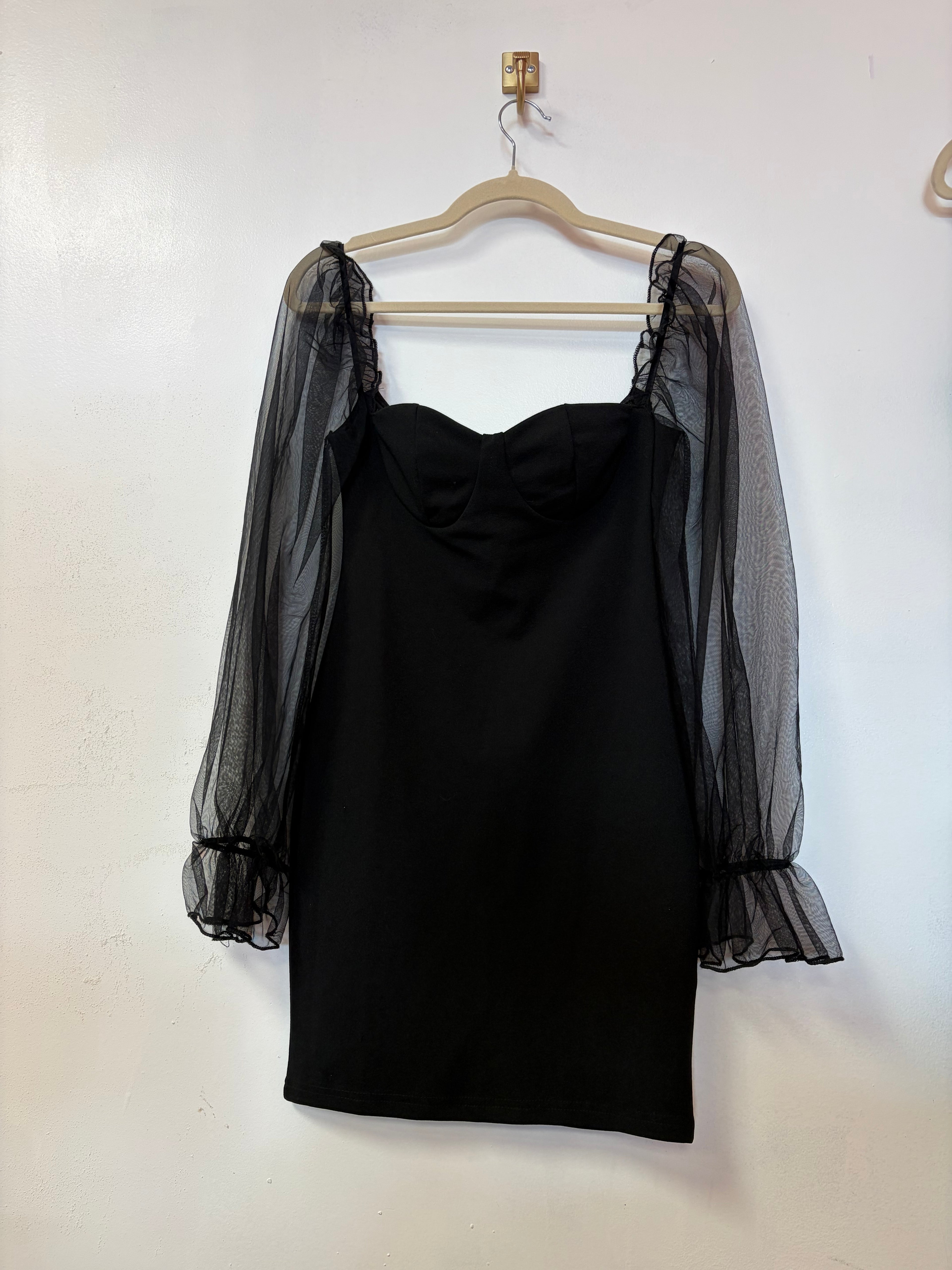 Black Mini Dress with Sheer Puff Sleeves and Structured Bustier Bodice