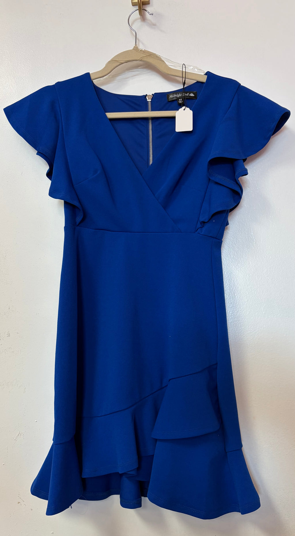 Midnight Doll Royal Blue Flutter Sleeve Wrap Mini Dress with Ruffle Hem