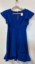 Midnight Doll Royal Blue Flutter Sleeve Wrap Mini Dress with Ruffle Hem