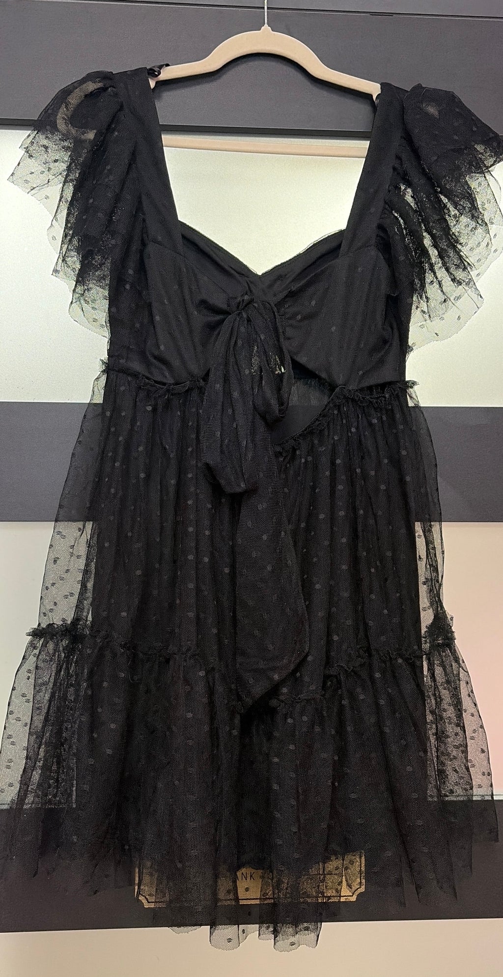 City Vibe Black Swiss Dot Tulle Homecoming Dress with Tiered Skirt and Ruffle Sleeves