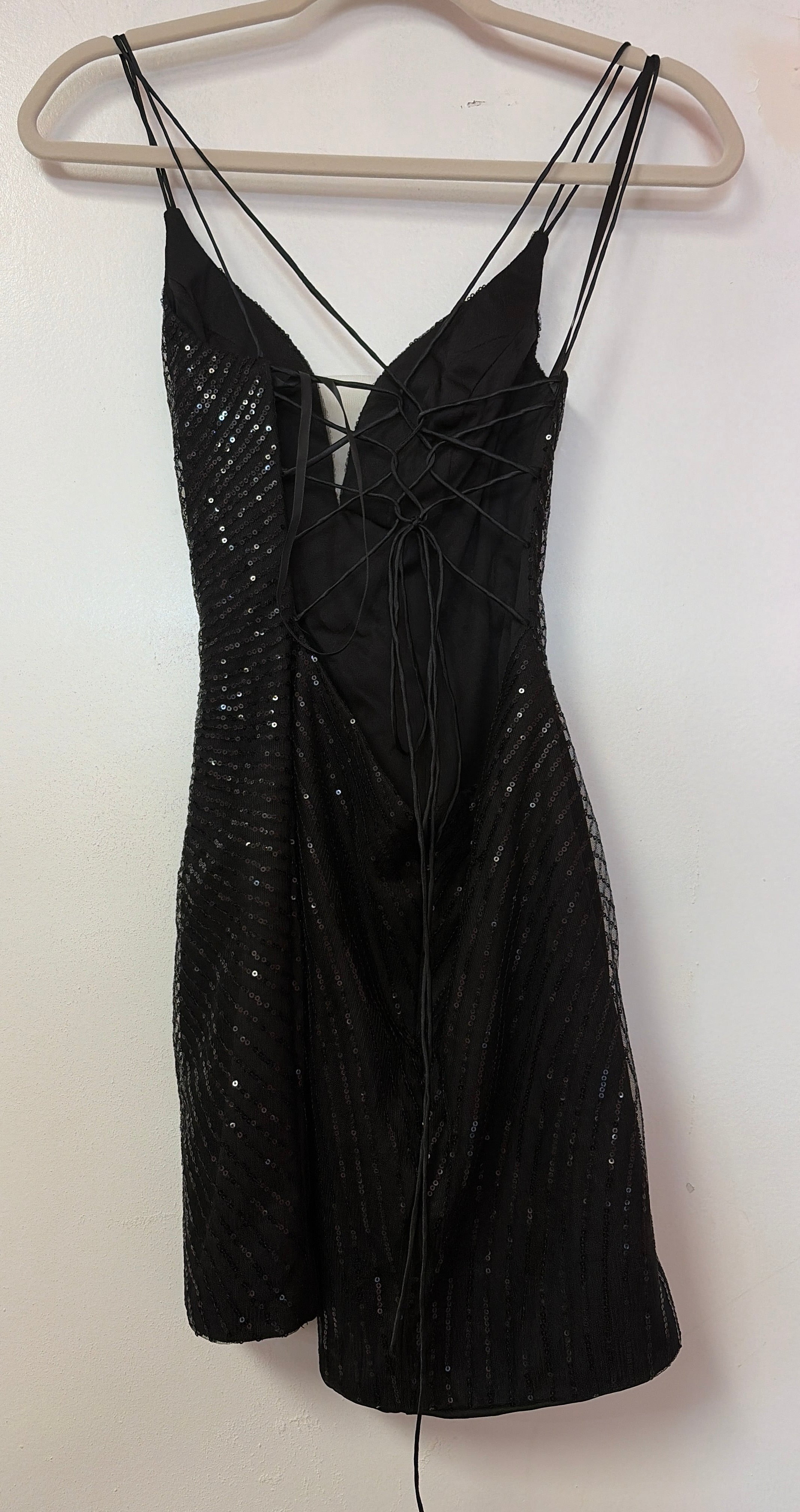 Black Sequin Butterfly Embellished Lace-Up Back Homecoming Dress