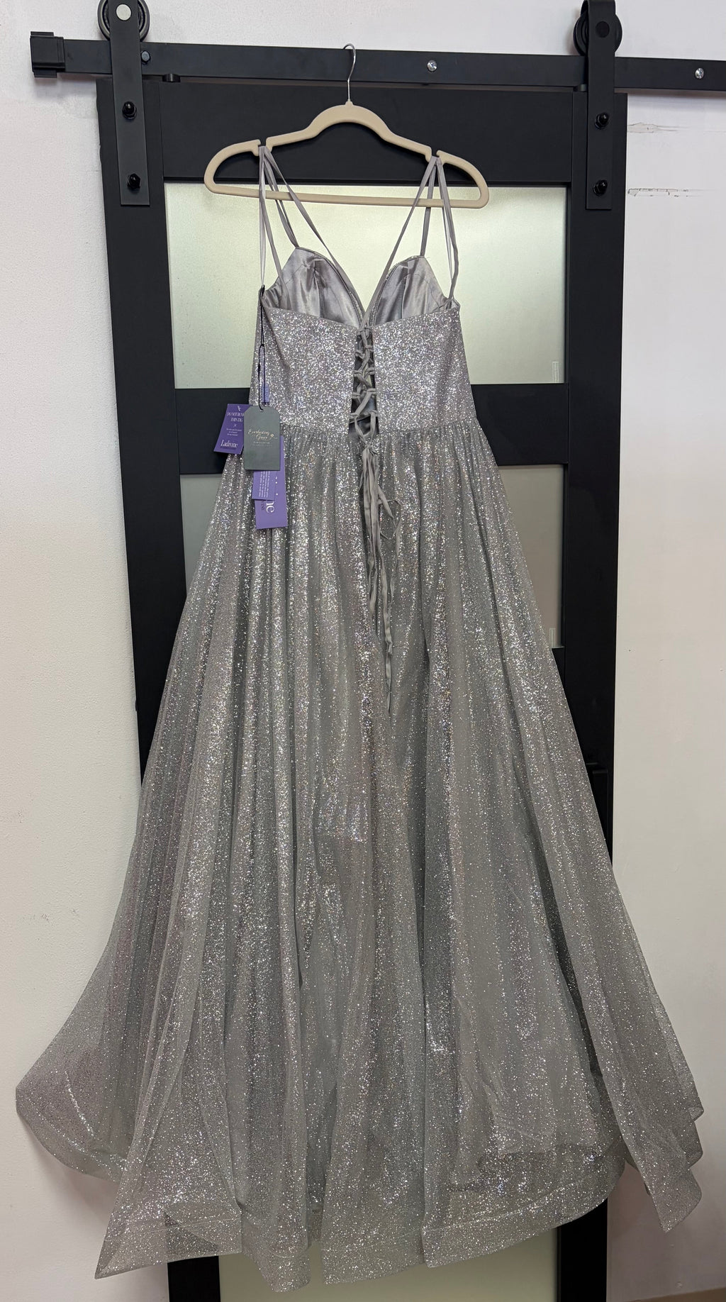LaDivine CD996 Silver Glitter A-Line Ball Gown with Corset Lace-Up Back