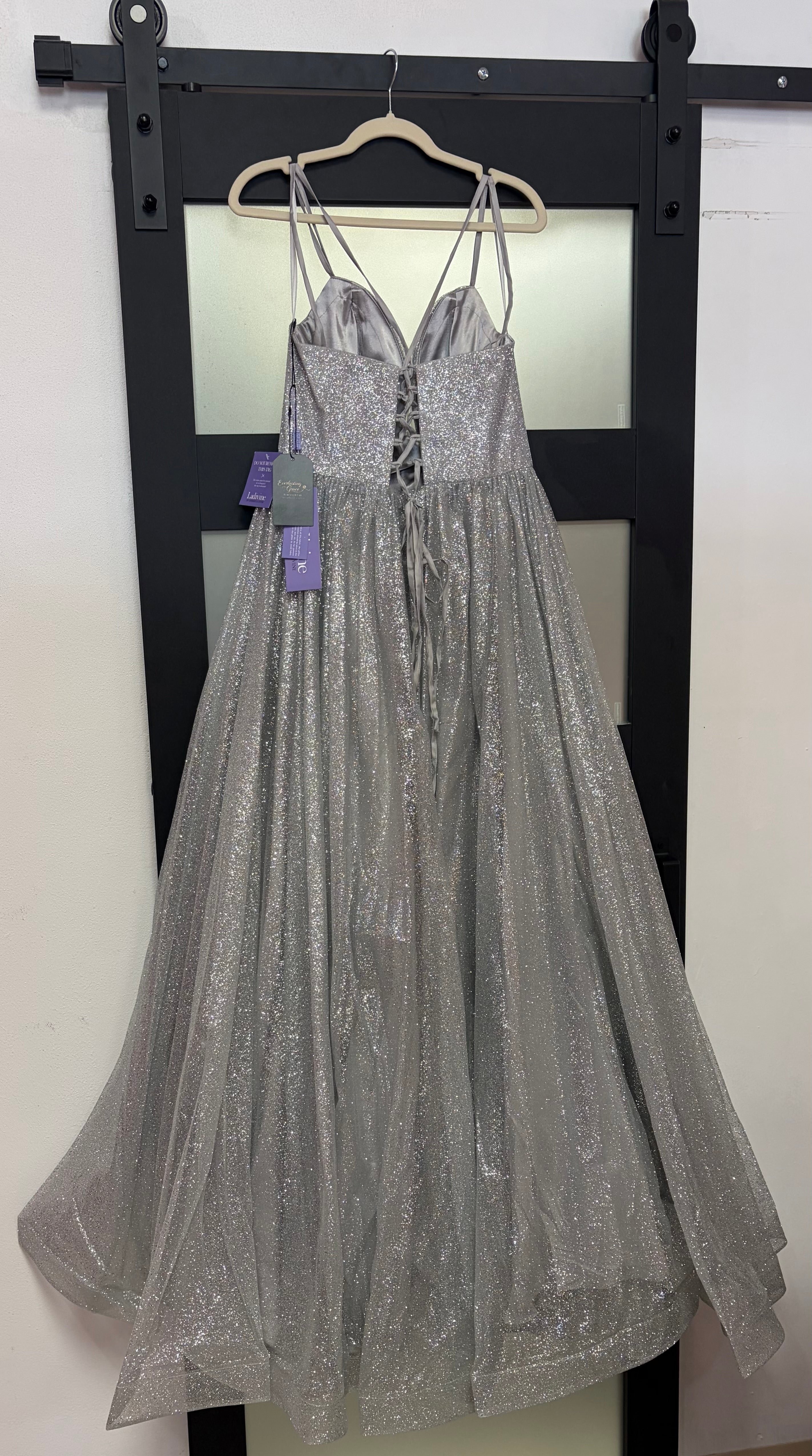 LaDivine CD996 Silver Glitter A-Line Ball Gown with Corset Lace-Up Back