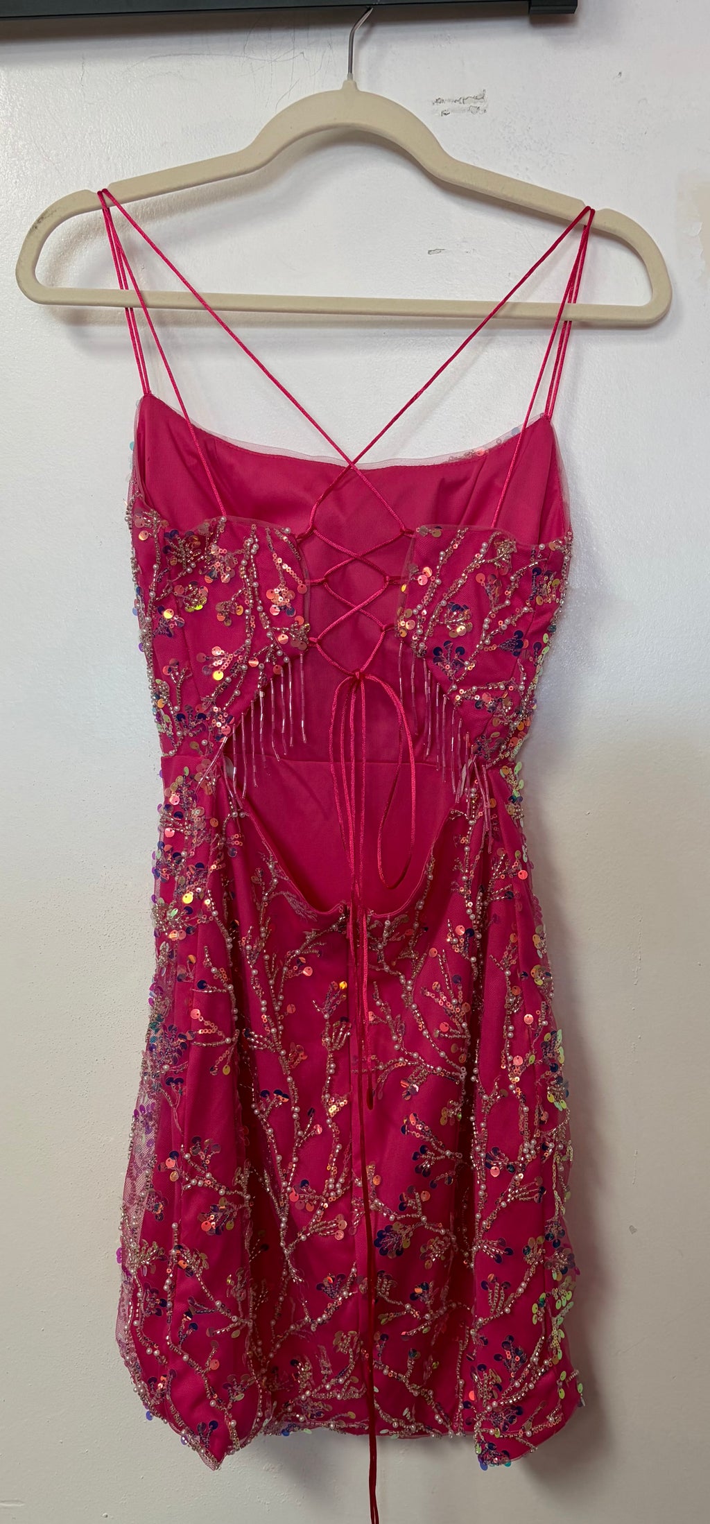 Zapaka Hot Pink Multicolor Sequin Lace-Up Mini Dress