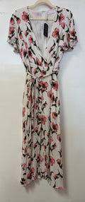 Ivory Floral Midi Dress with Pink Blossom Print and Tie Waist