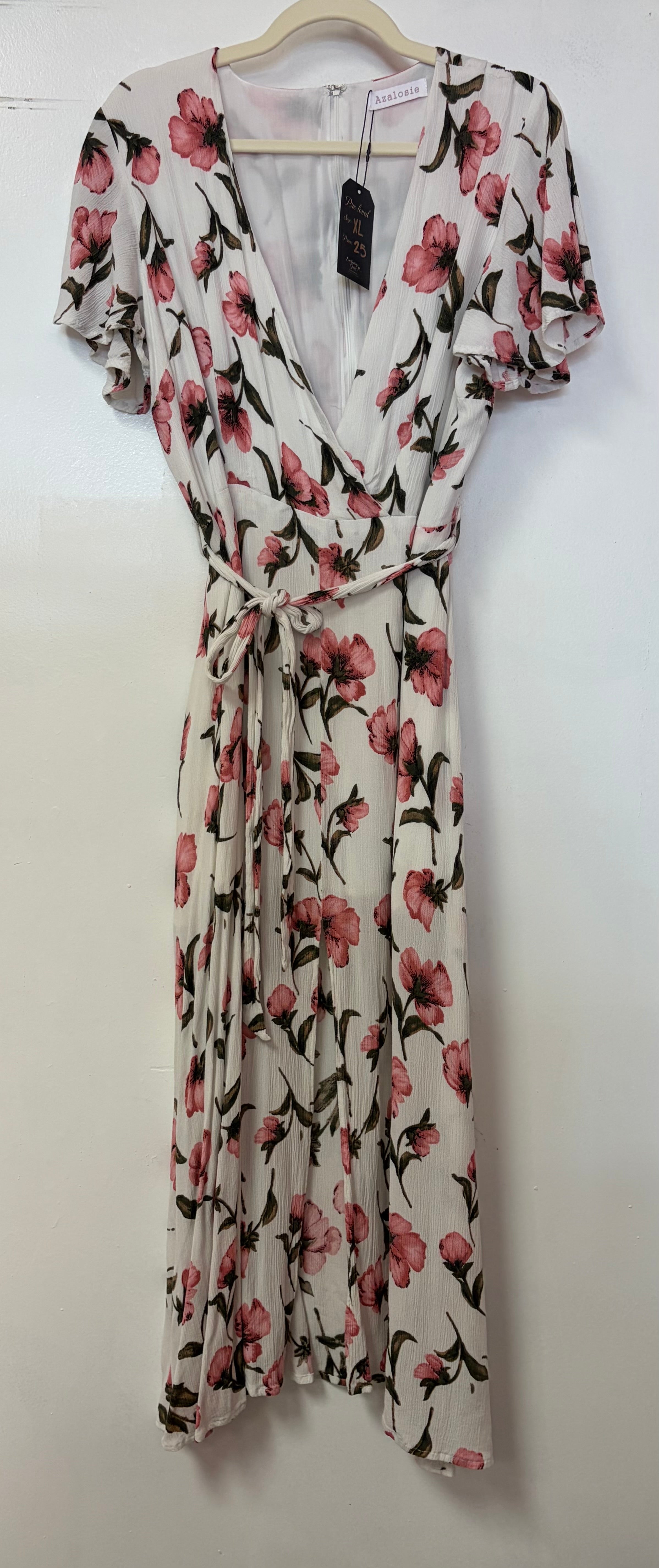 Ivory Floral Midi Dress with Pink Blossom Print and Tie Waist