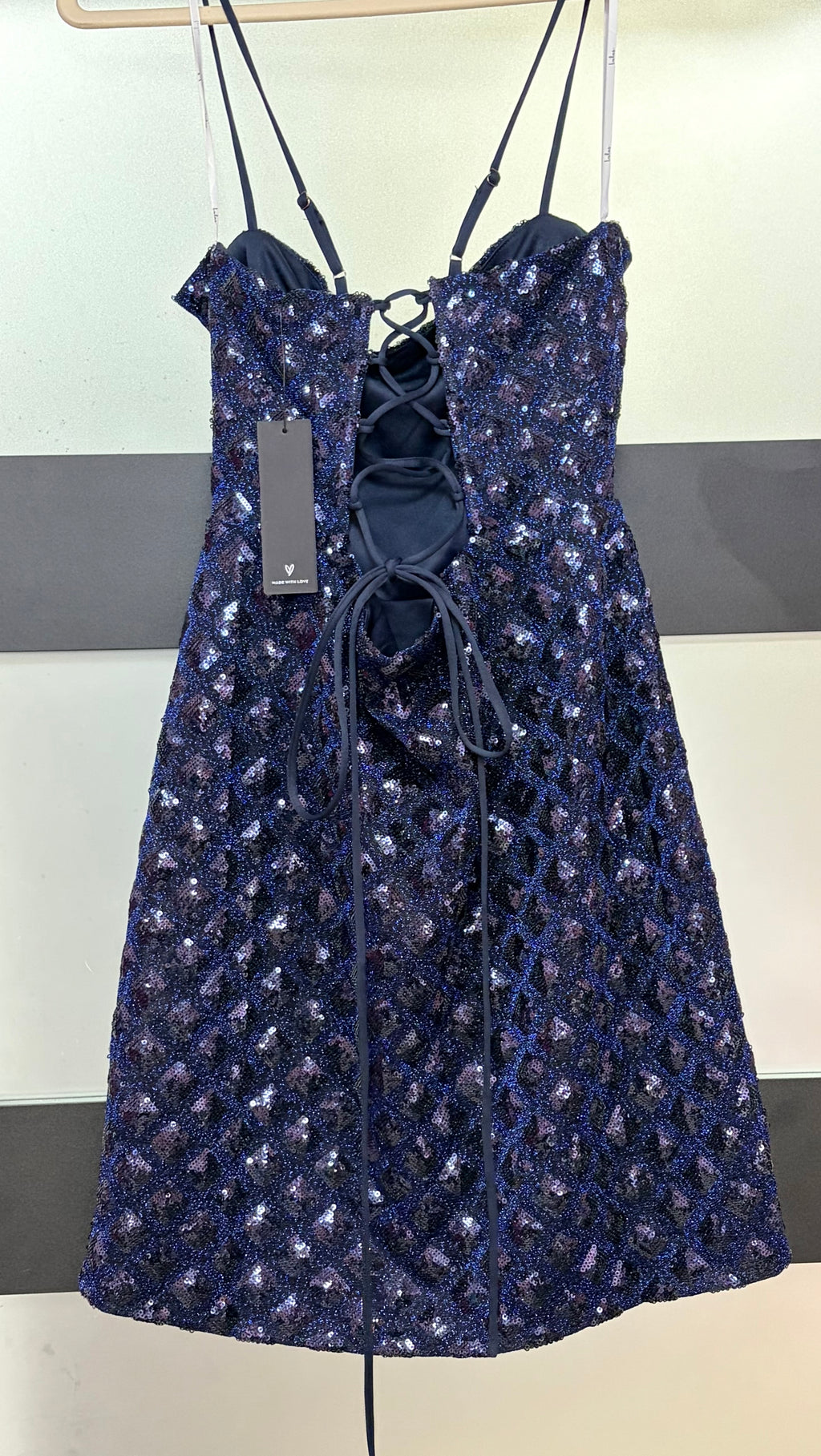 Lulus Navy Sequin Lace-Up Homecoming Dress