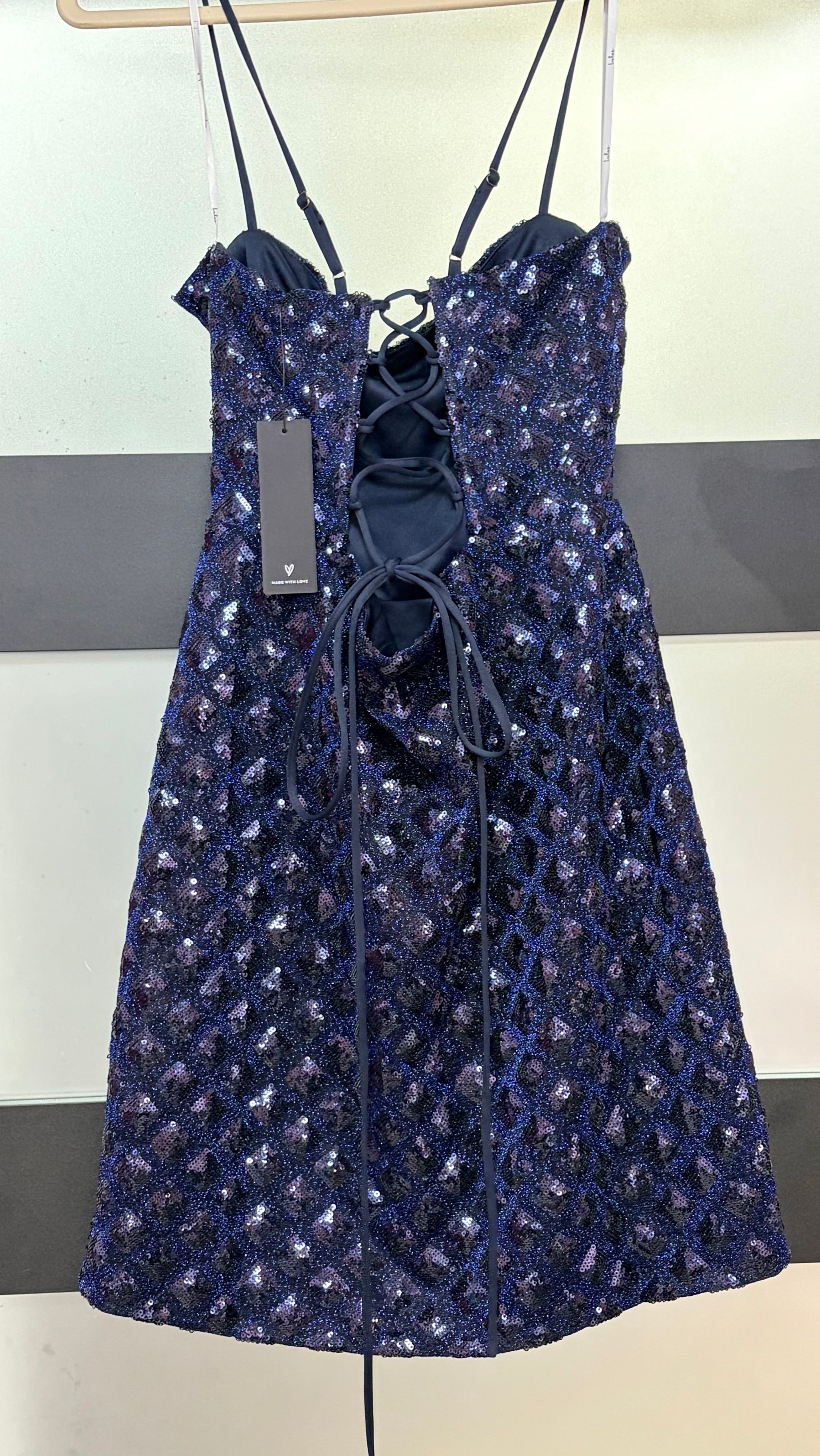 Lulus Navy Sequin Lace-Up Homecoming Dress