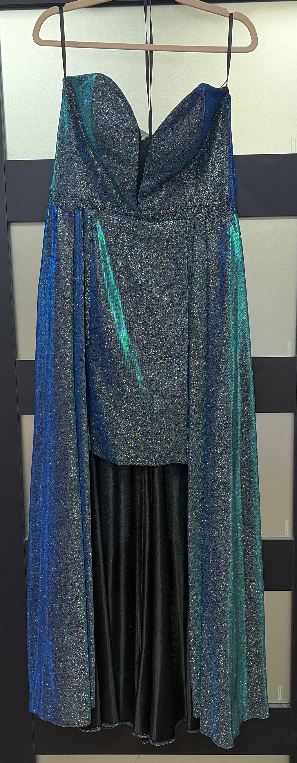 Ellie Wilde Iridescent Glitter High-Low Formal Gown with Cape Overlay