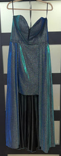Ellie Wilde Iridescent Glitter High-Low Formal Gown with Cape Overlay