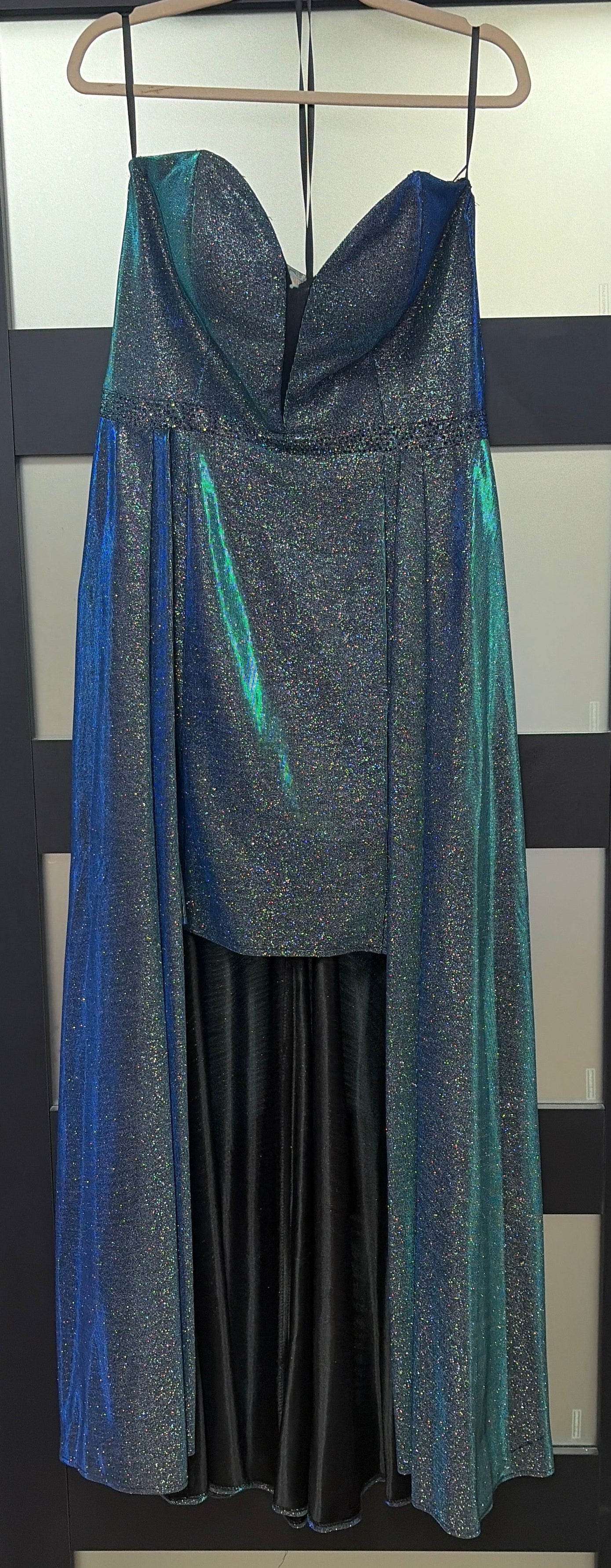 Ellie Wilde Iridescent Glitter High-Low Formal Gown with Cape Overlay