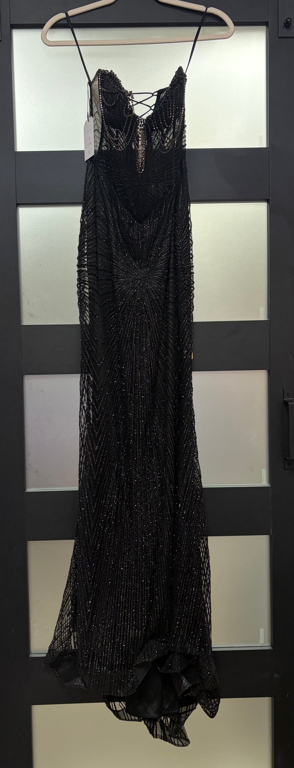 Black Beaded Illusion Corset Evening Gown with Crystal Drape Detail