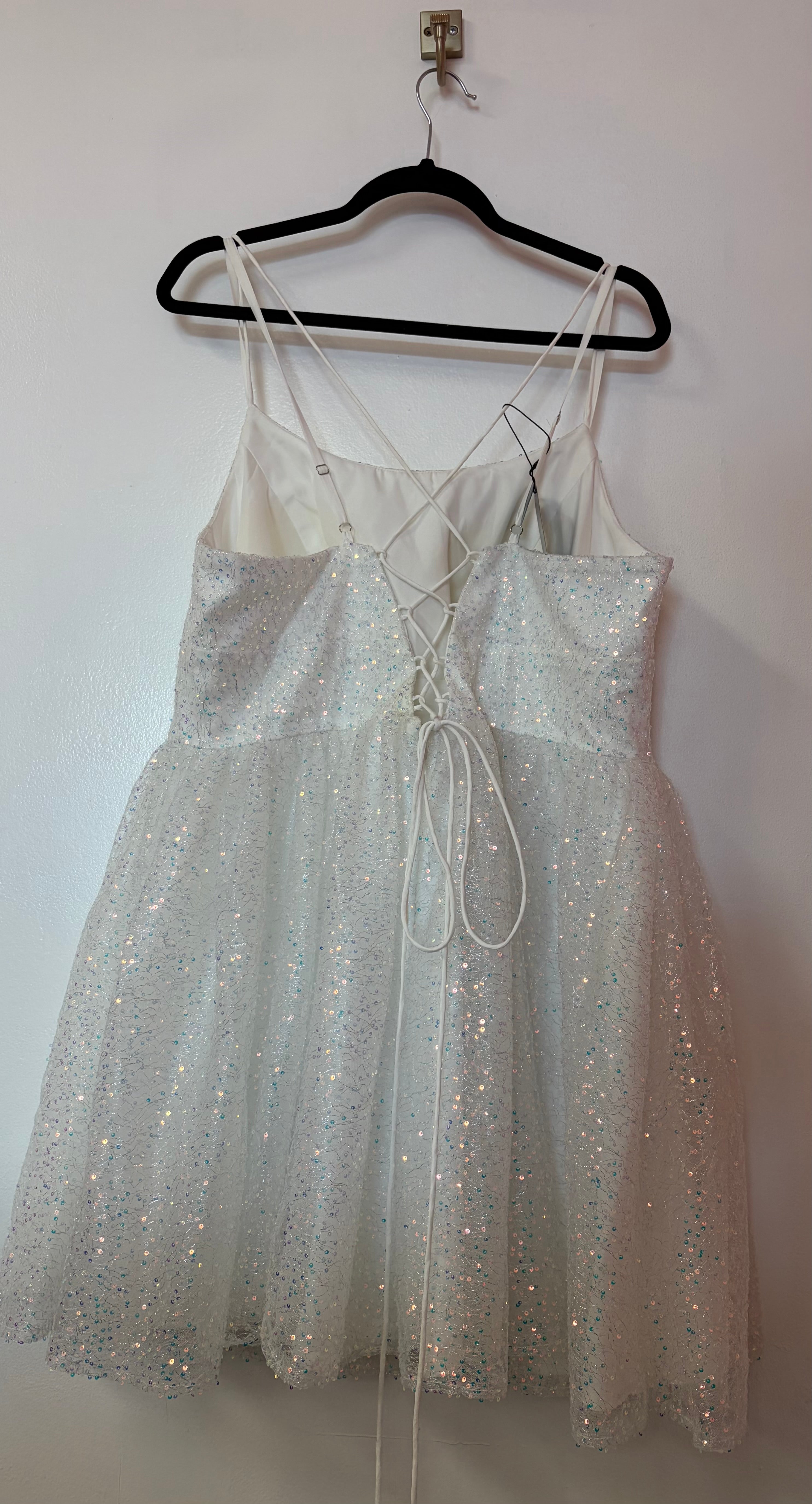 Stacees White Iridescent Glitter A-Line Homecoming Dress with Sparkle Tulle