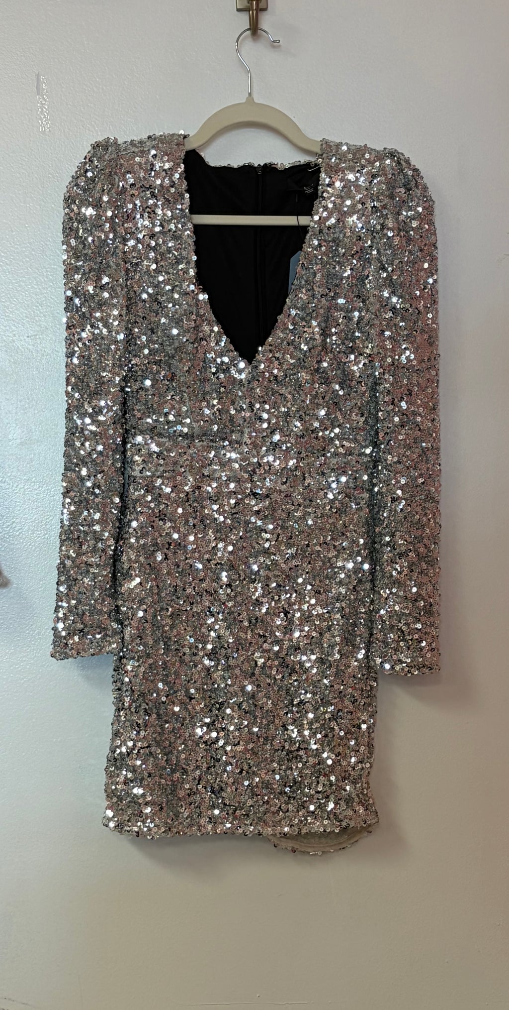 Lulus Silver Sequin Long Sleeve Bodycon Mini Dress with Plunging V-Neckline