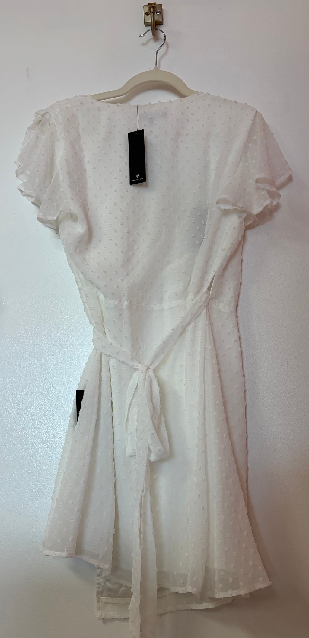 Lulus White Swiss Dot Wrap Mini Dress with Flutter Sleeves and Asymmetrical Hem