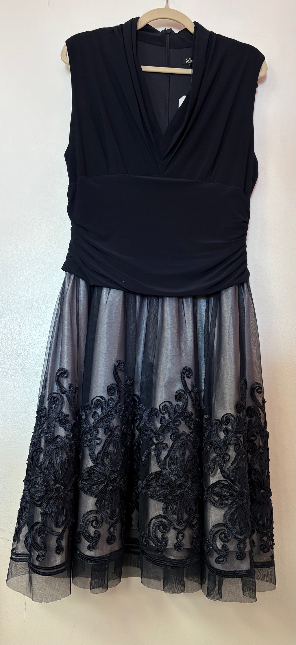 SLNY Dark Navy Sleeveless Embroidered Mesh Fit and Flare Dress with Draped Neckline