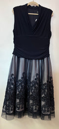 SLNY Dark Navy Sleeveless Embroidered Mesh Fit and Flare Dress with Draped Neckline