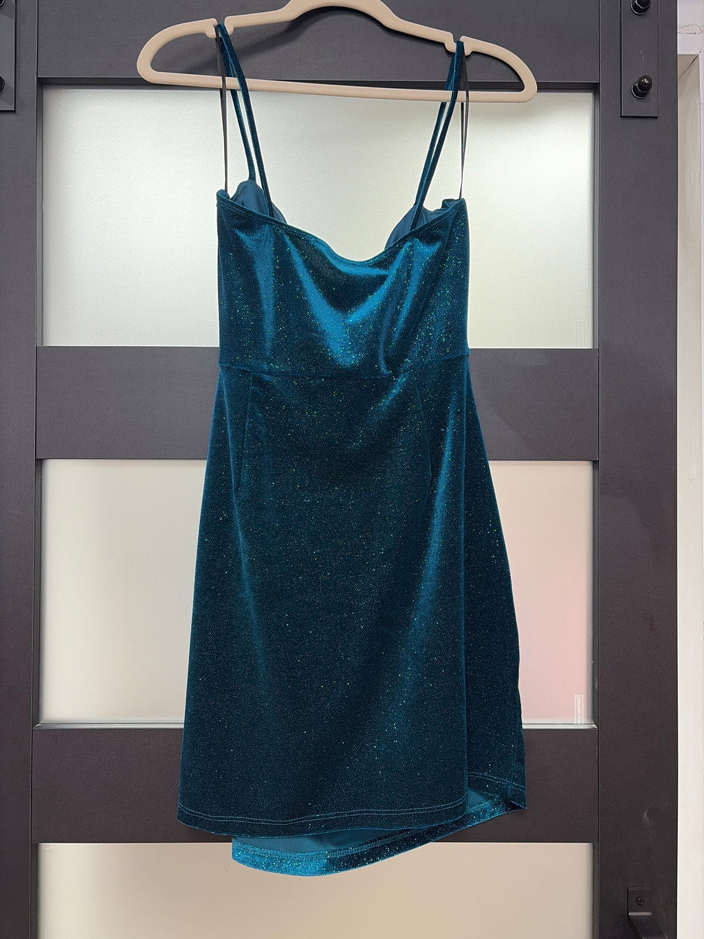 Windsor Teal Glitter Cowl Neck Homecoming Dress with Ruched Bodycon Silhouette