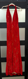 Jovani 41238 Red Beaded Halter Lace Gown with Plunging Neckline