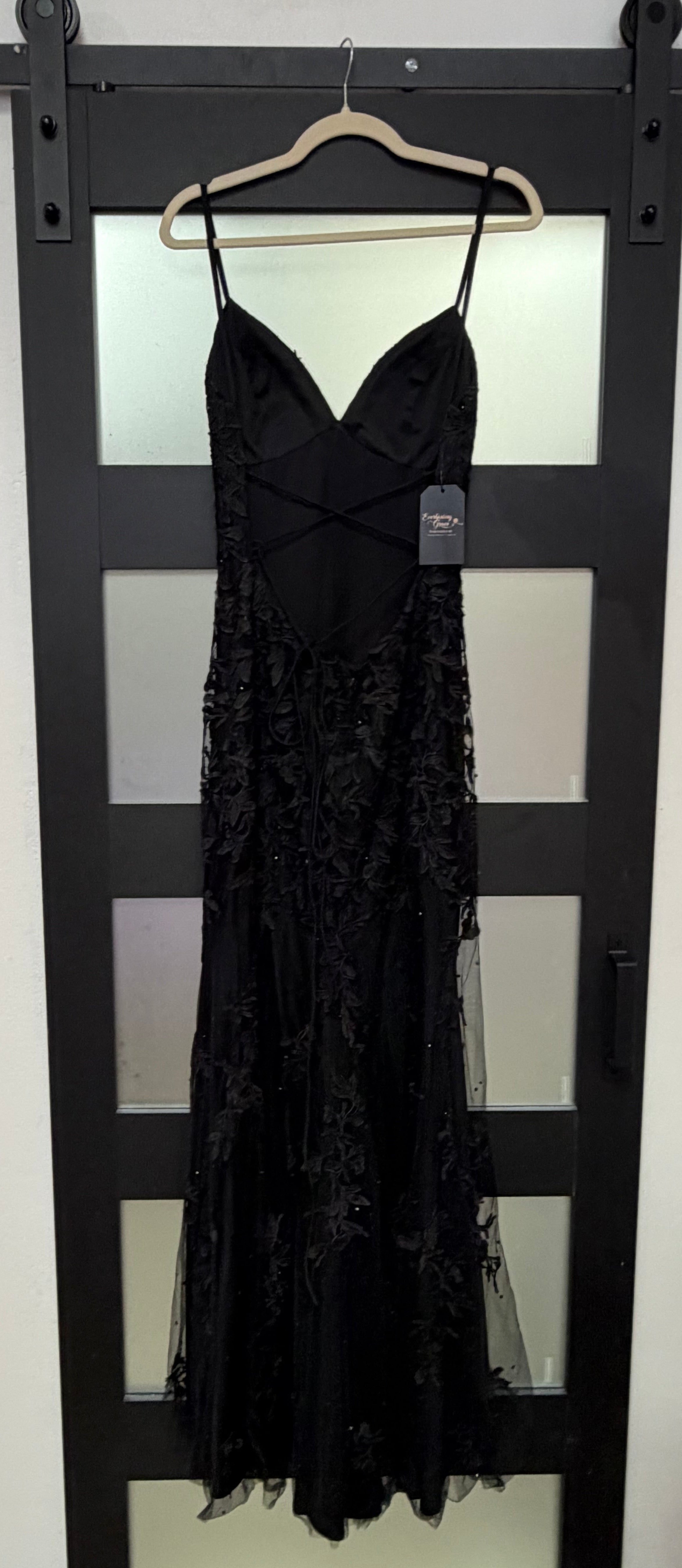 Faviana S10633 Black Floral Appliqué A-Line Evening Gown