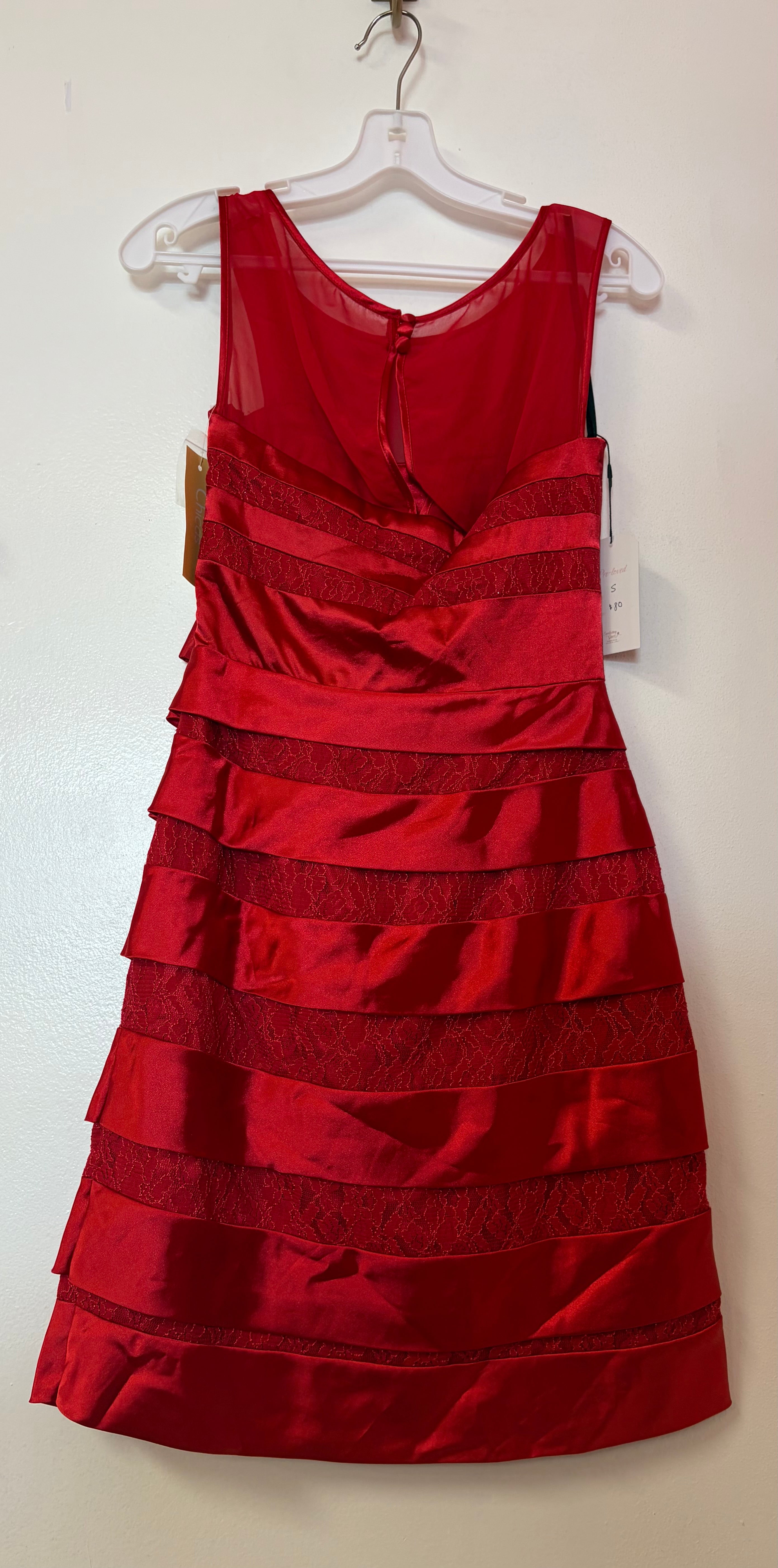 Chicas Red Satin Tiered Cocktail Dress with Bow Waist Detail and Lace Insets