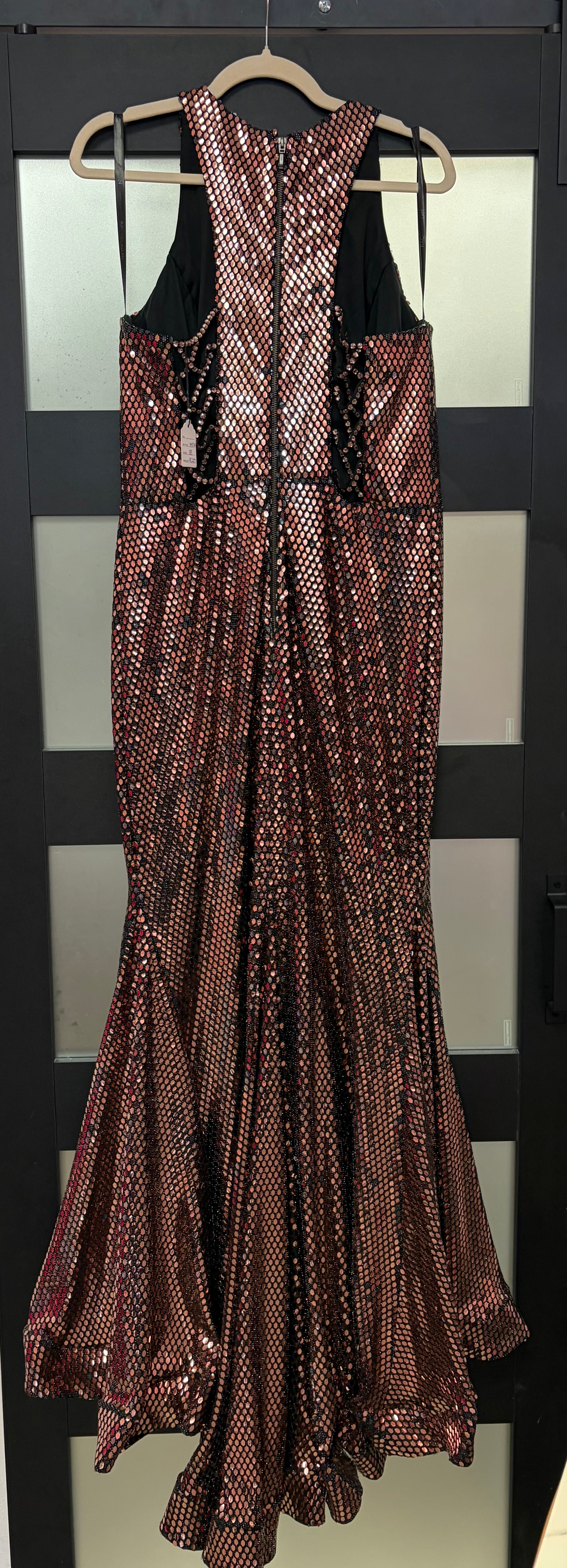 Rachel Allan 7030 Rose Gold Sequin Gown with Cold-Shoulder Detail
