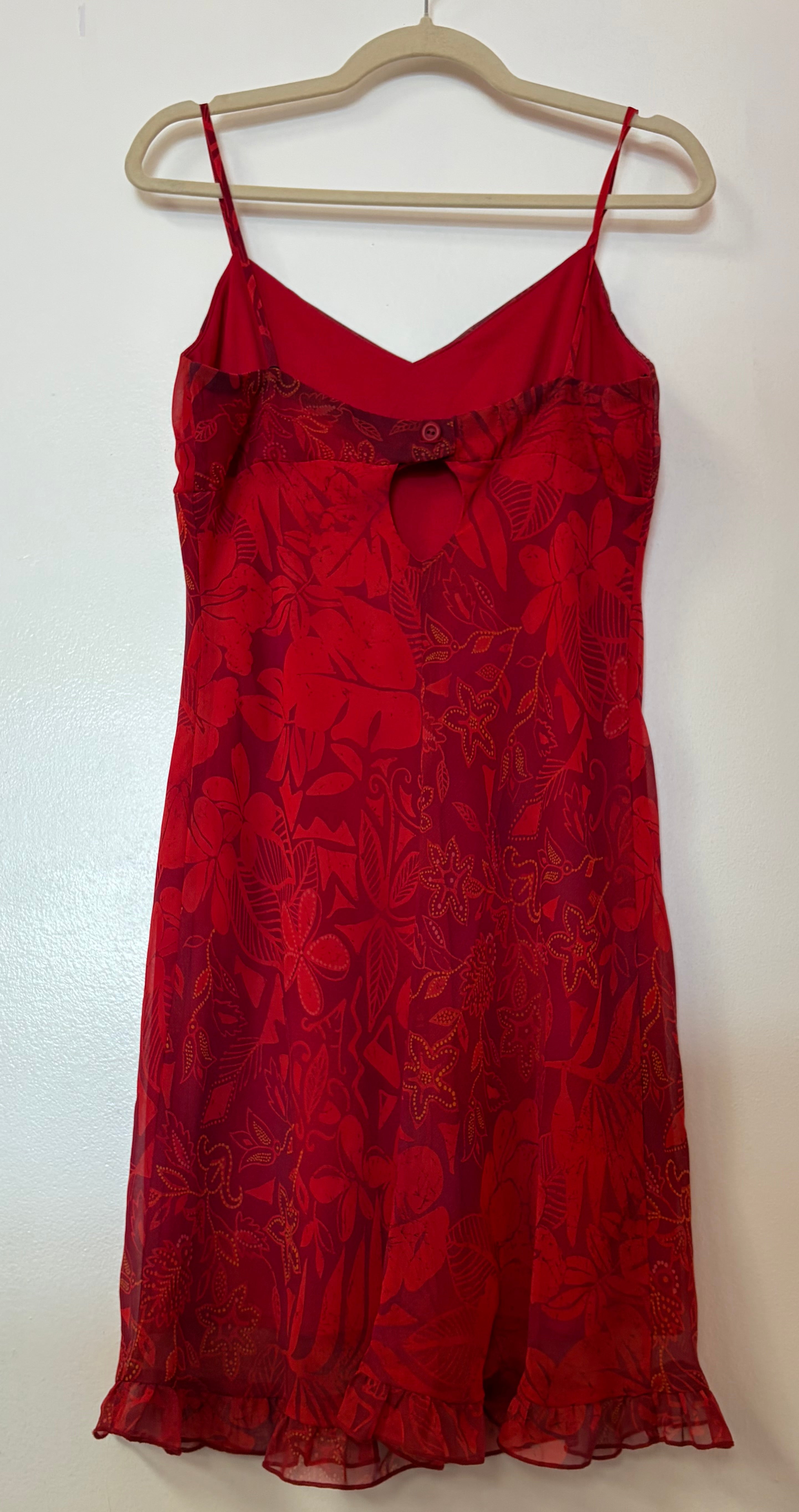 Red Tropical Floral Chiffon Slip Dress with Ruffle Hem and Spaghetti Straps