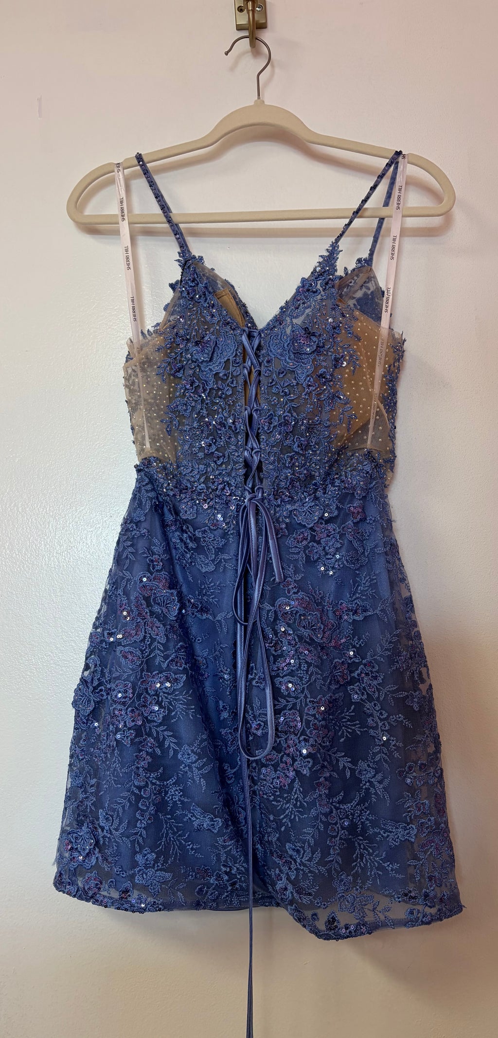 Sherri Hill 56645 Periwinkle  Lace Appliqué Homecoming Dress with Embroidered Corset Bodice