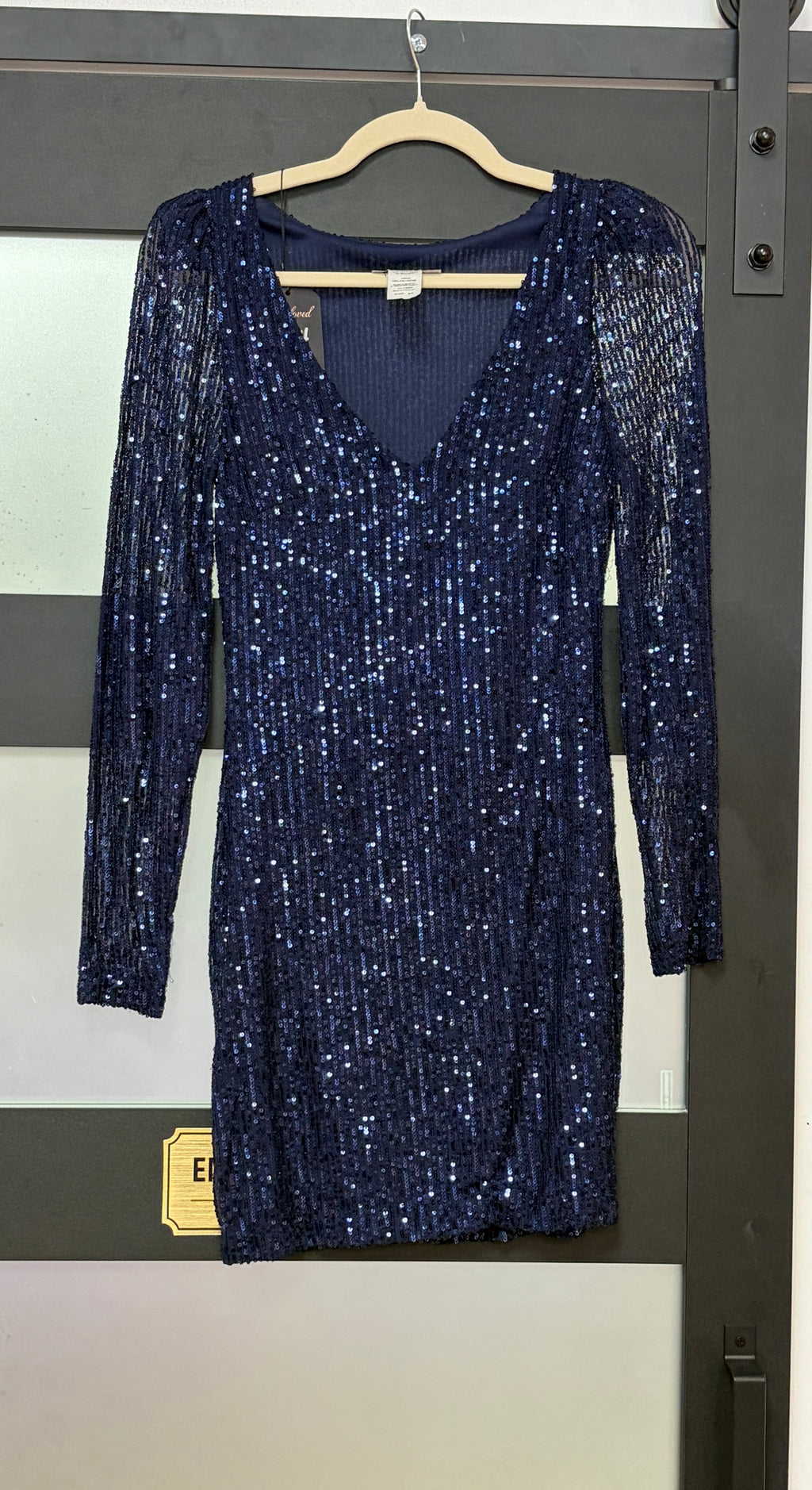B Darlin Navy Sequin Long Sleeve Homecoming Dress