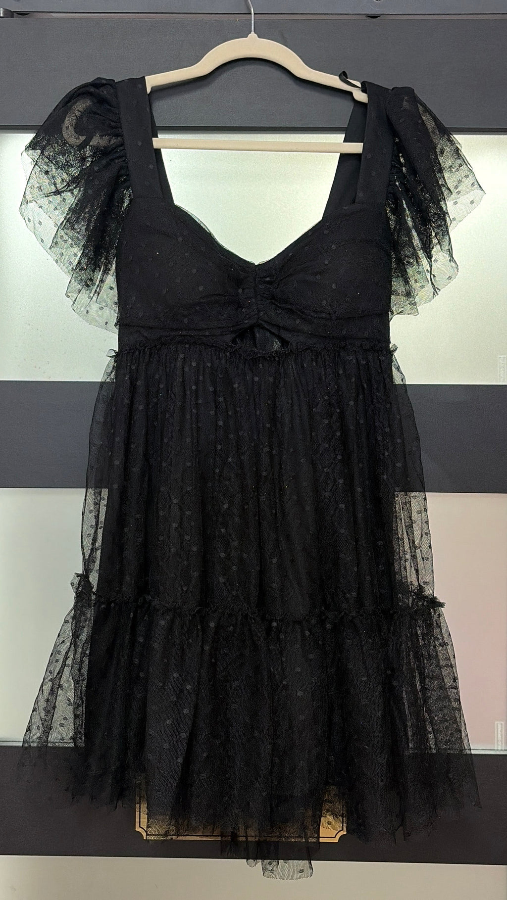 City Vibe Black Swiss Dot Tulle Homecoming Dress with Tiered Skirt and Ruffle Sleeves
