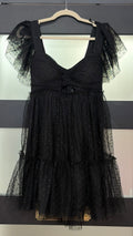 City Vibe Black Swiss Dot Tulle Homecoming Dress with Tiered Skirt and Ruffle Sleeves