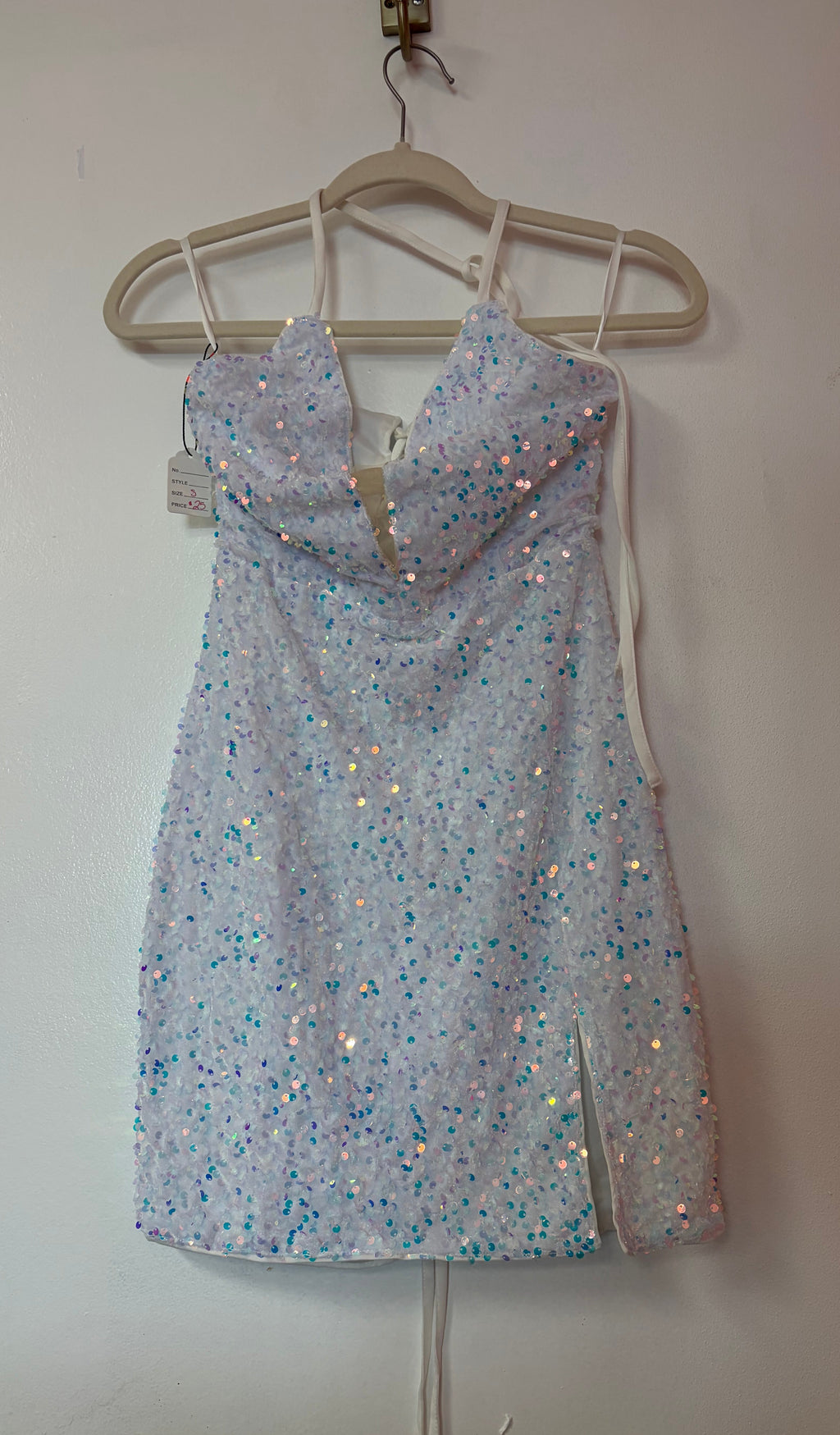 Iridescent White Sequin Lace-Up Mini Dress